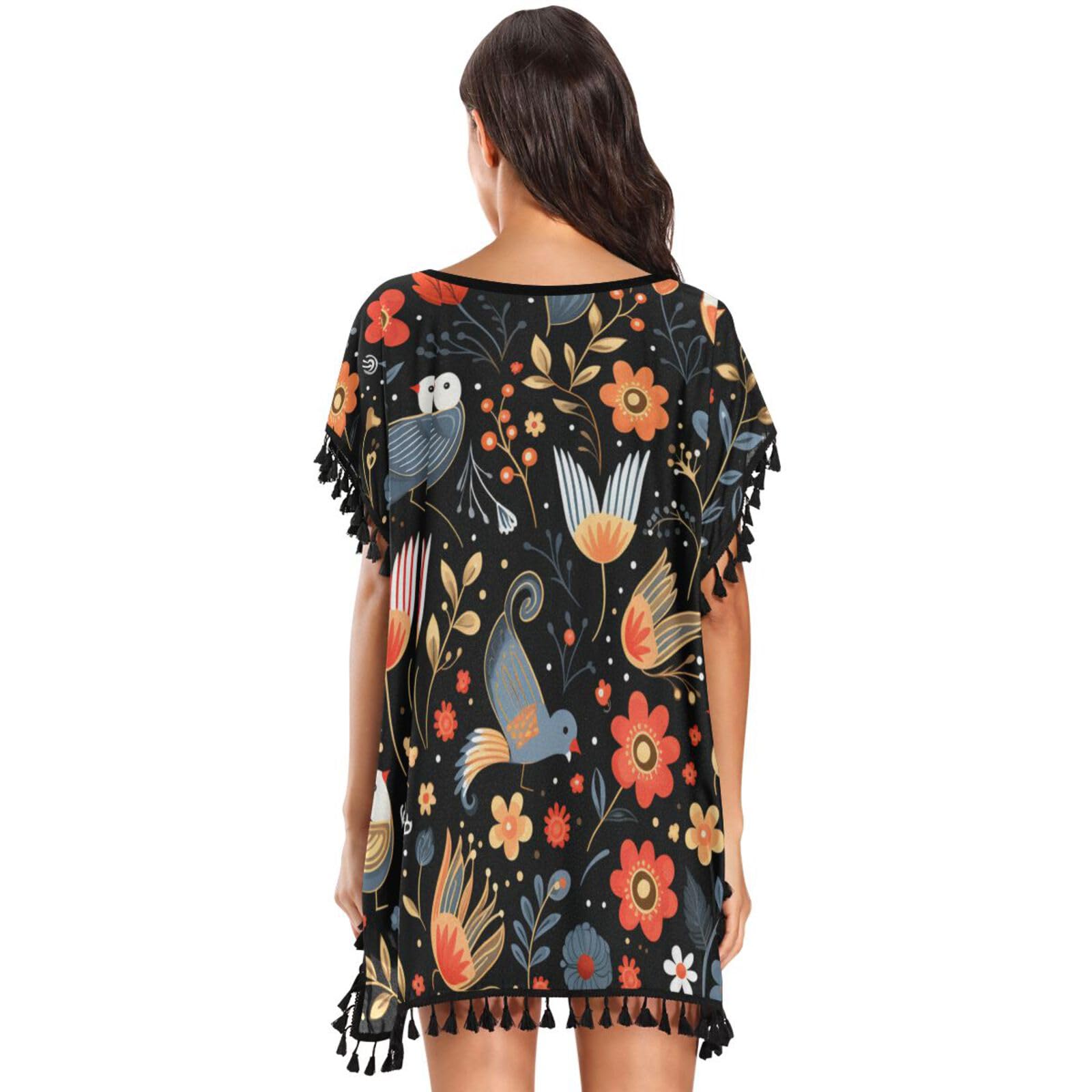 Cartoon Pattern Cute Condors Women's Beach Cover Up Chiffon Tassel Swimwear Swimsuit Coverups for Girl