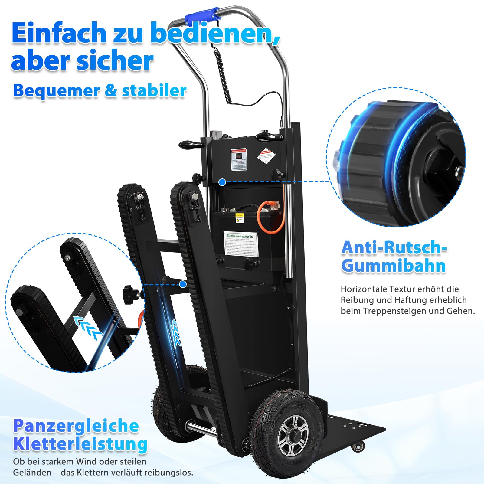 1250W Elektrische Sackkarre mit Gummiketten, Elektrischer Treppensteiger 408kg Tragkraft, Treppen & Abstiege BewäLtigen, Treppensteiger mit Sicherheitsseil & Luftpumpe für Möbeltransportieren Schwarz
