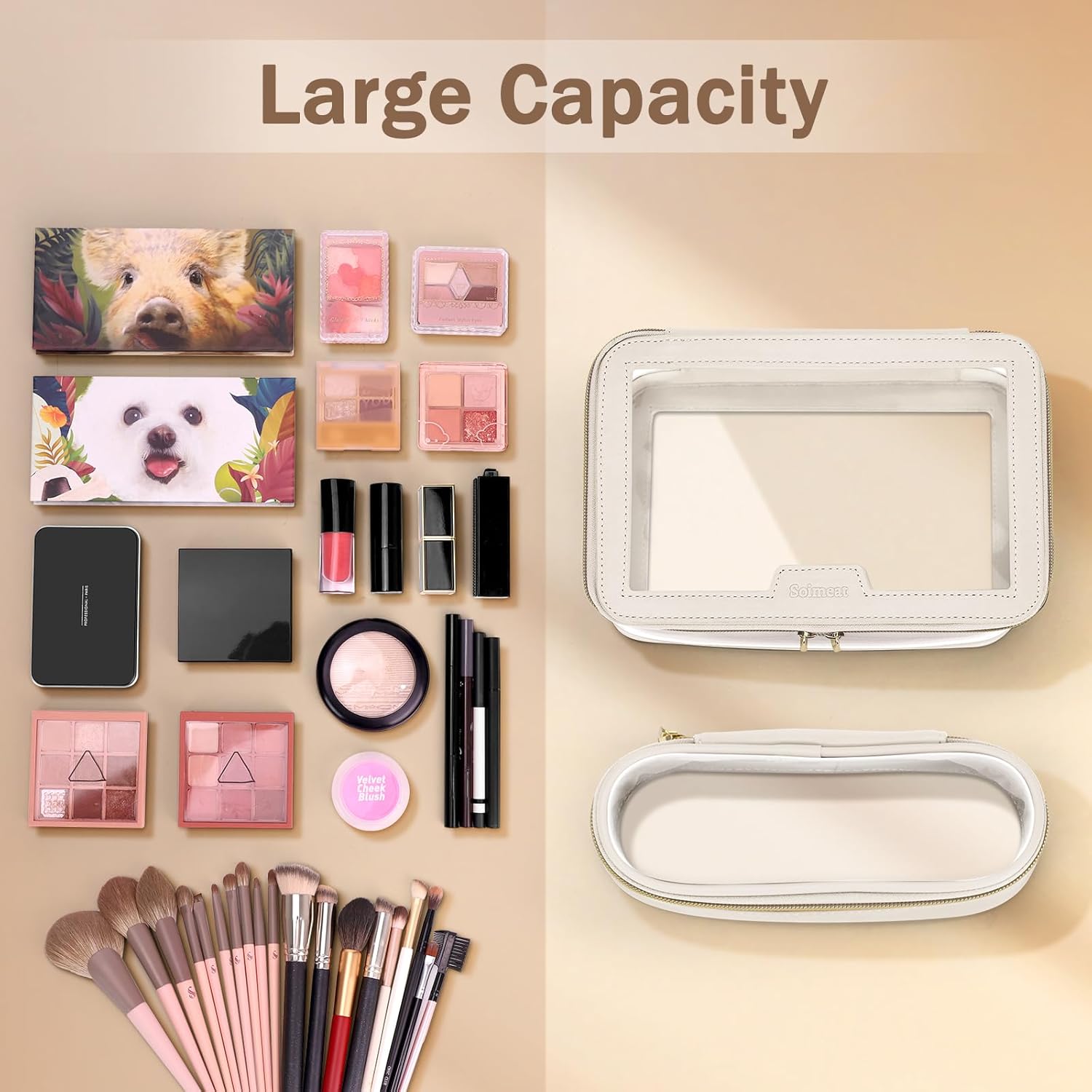 Travel Clear Makeup Bag with Makeup Brush Bag, Leather Makeup Case Toiletry Bag, Portable Cosmetic Bag Case, Transparent Waterproof Cosmetic Organizer Storage Bag for Women, Medium, Off-White - Image 3