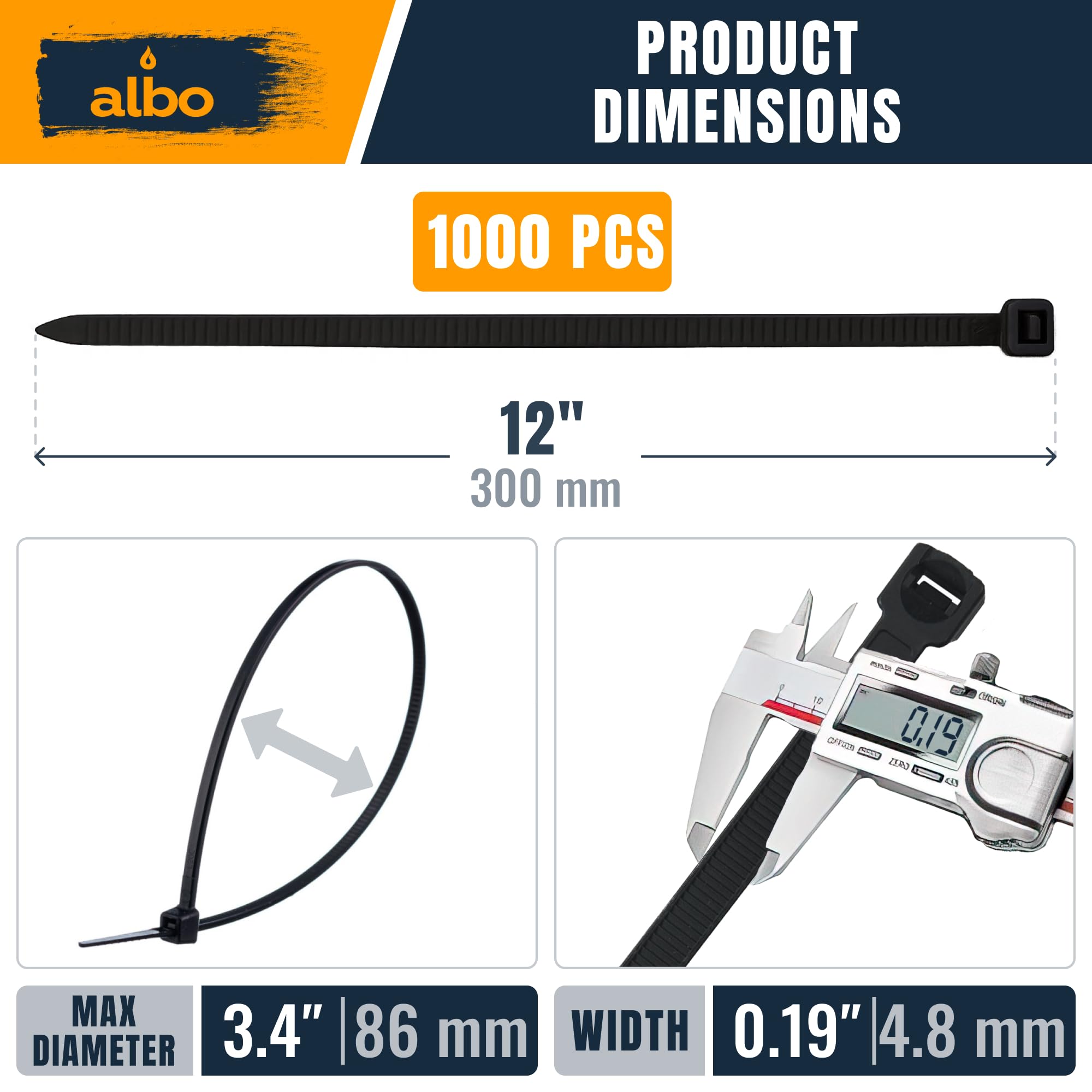 ALBO Lot de 1000 attaches éclair noires de 30,5 cm de long en nylon épais de 0,5 cm de long – Résistantes aux UV – Pour intérieur et extérieur