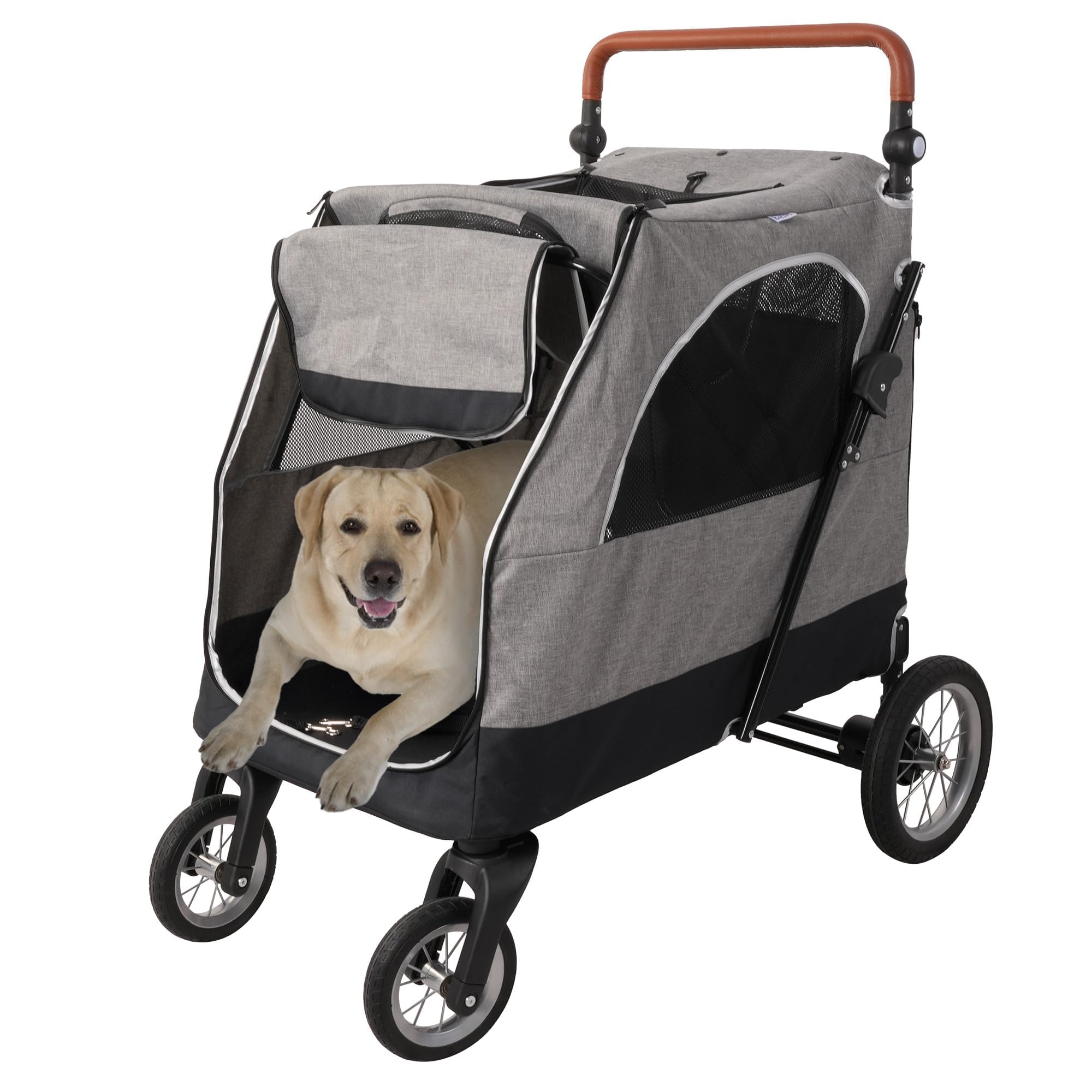 Pet Stroller for Medium Large Dog with Adjustable Handle, 4 Wheels Folding Pet Strolling Cart with Storage Basket, Travel Jogger Pet Stroller with Mesh Skylight, Support to 120 lbs