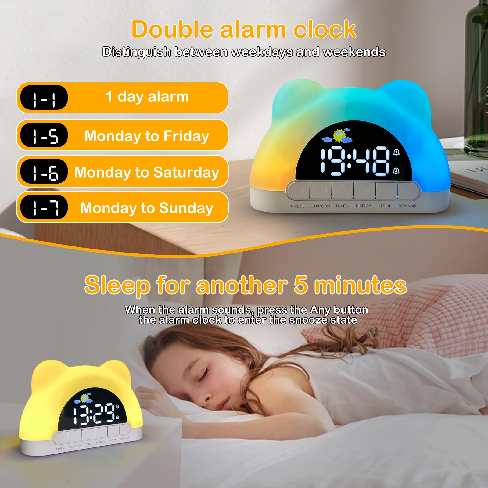 Seutgjie Réveil Ado Fille, Réveils Lumineux pour Enfants avec Entraîneur de Sommeil Machine à Sons 2 Alarmes Mode Snooze 12/24 Heures avec Port USB pour Garçons Fille