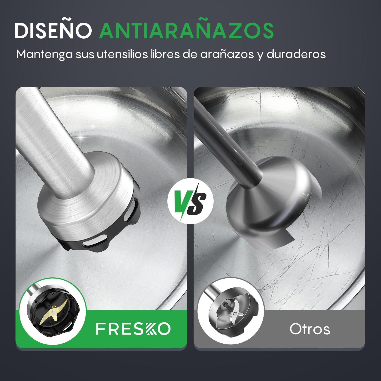 FRESKO Batidora de Mano 4 en 1 1000W, Velocidad Graduable, 4 Cuchillas Inox | Acero Inoxidable con Protector para Ollas, Batidora para Alimentos de Bebé, Sopas, Smoothies, Purés, Salsas, H9