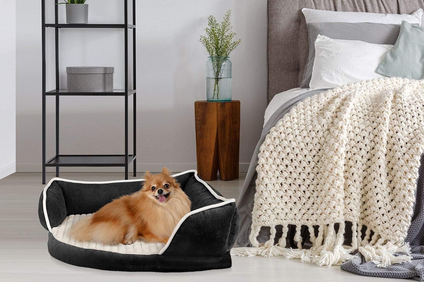 Paws & Pals Dog Bed for Pets & Cats - Triangle Corner Lounger with Self Warming Cozy Inner Cushion for Home Crate & Travel - Large, Black