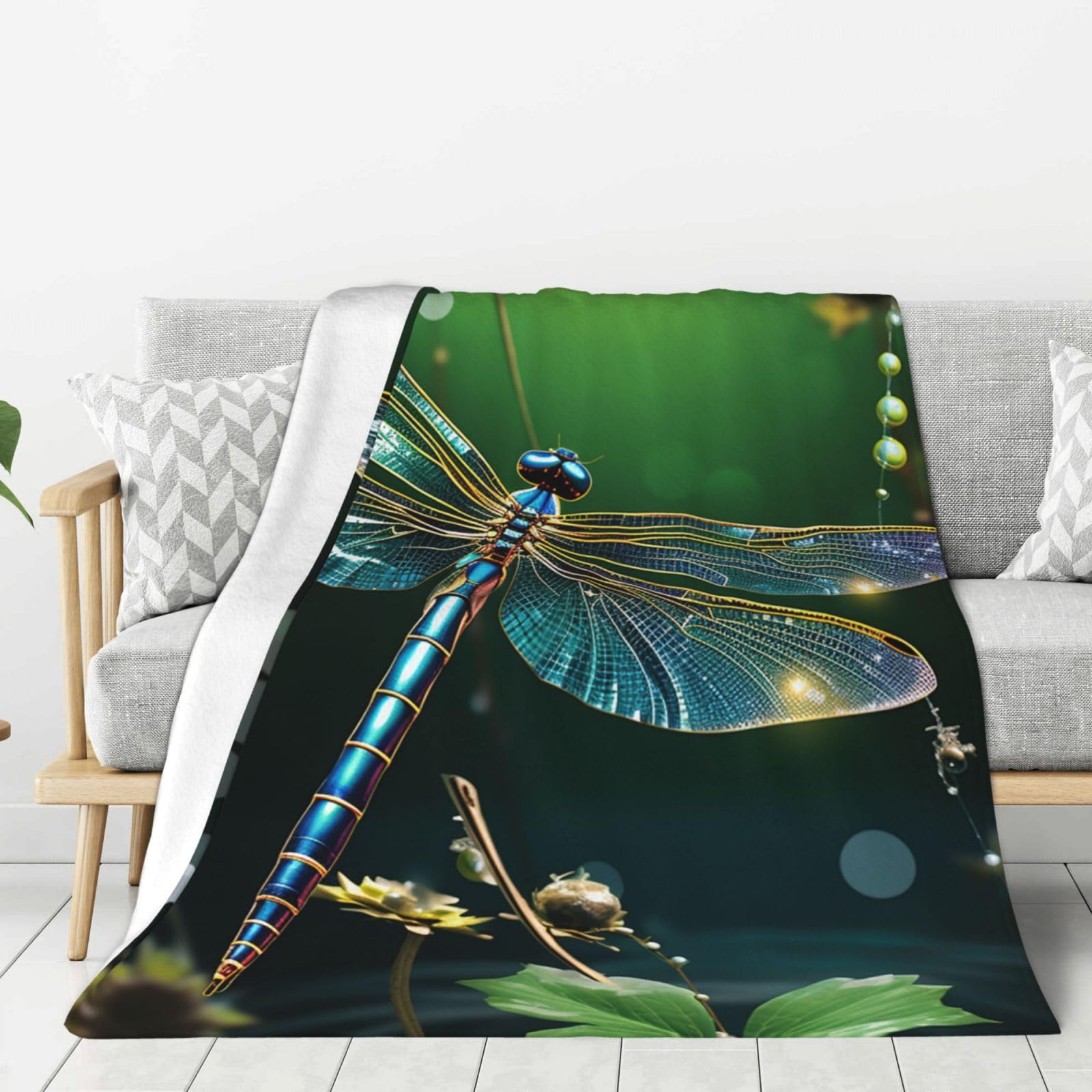 Dragonfly Green Throw Blanket Plush Flannel Fleece Blanket, Soft Lightweight Cozy Blankets 60"X50" for Bed Couch Sofa Travel