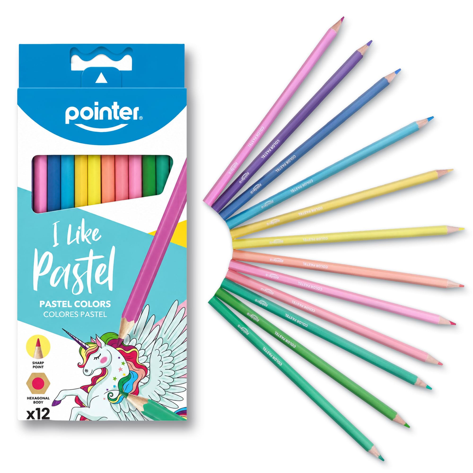 Pointer I Like Pastellfarbstifte, 12 Stück, vorgespitzt, sechseckiger Körper, weiche Pastelltöne, Schul- und Kunstbedarf
