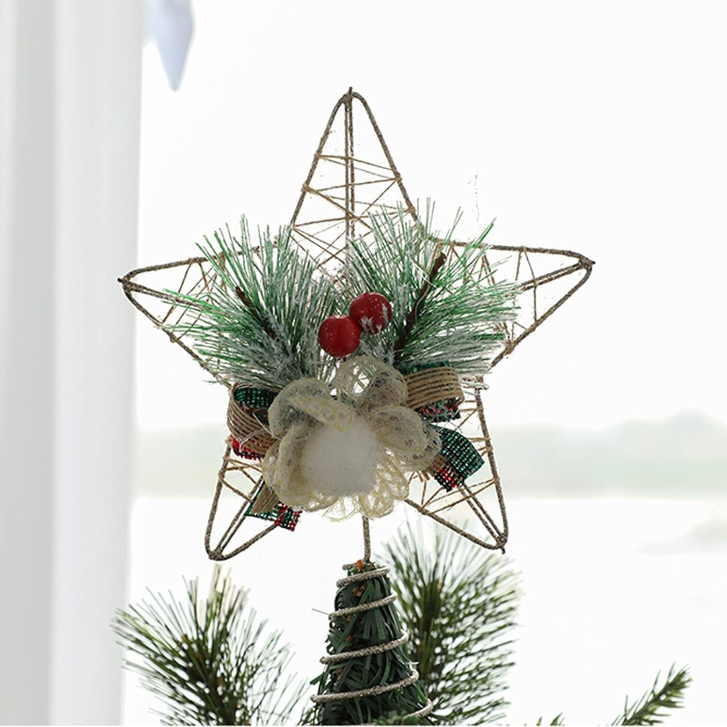 Árbol de Navidad Topper estrella iluminada árbol T Adorno for árbol de Navidad, estrella de Metal con purpurina, adorno for árbol con bayas rojas y ramas de pino, adornos rústicos naturales for copa d