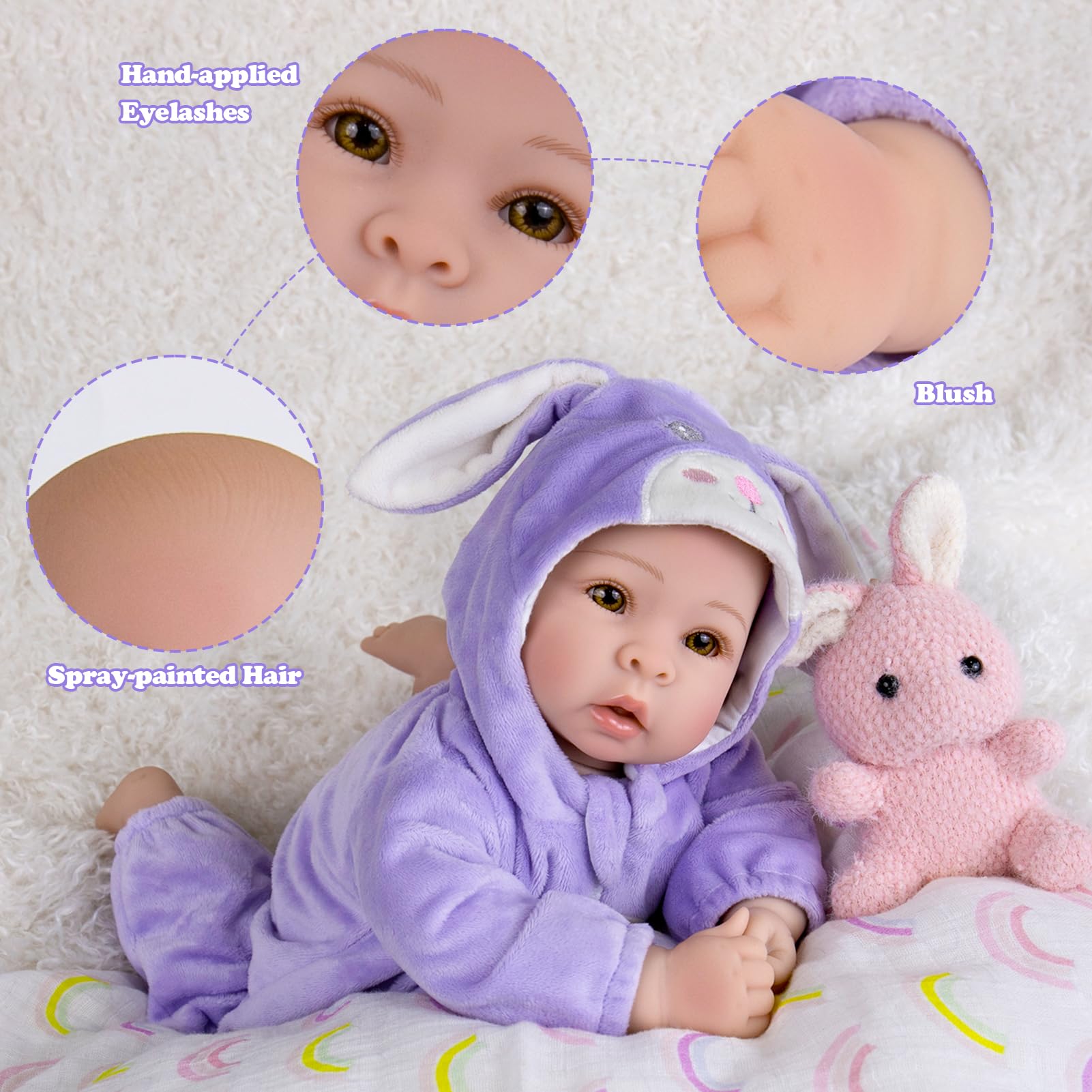 Real Baby Dolls - Muñeca de bebé realista de 17 pulgadas con cuerpo suave y trajes de conejo morado para niñas de 3 años o más, juego de simulación, disfraz, decoración de guardería 5
