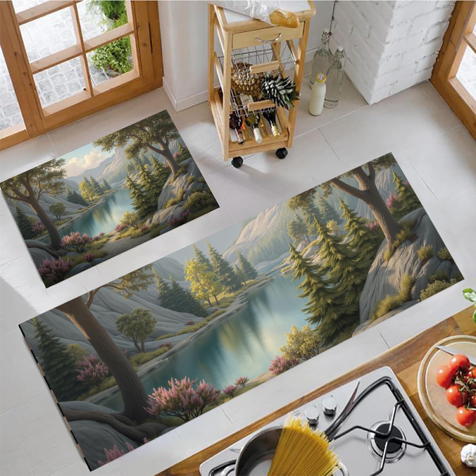 Alfombras de cocinas absorbentes de agua con paisaje de montaña y juego de dos piezas
