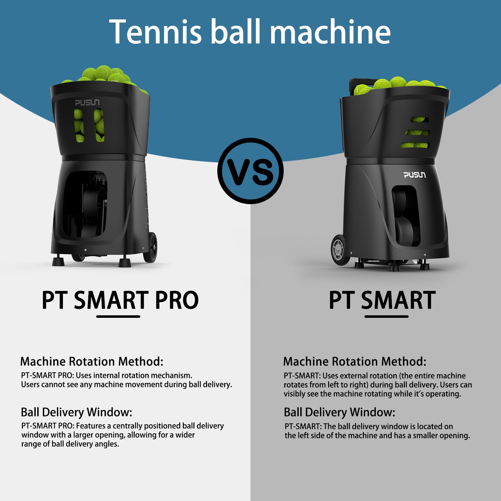 PUSUN PT-Smart Pro Máquina Lanzapelotas de Tenis Profesional Control App Remoto 12 Modos Entrenamiento 4-6 Horas Batería