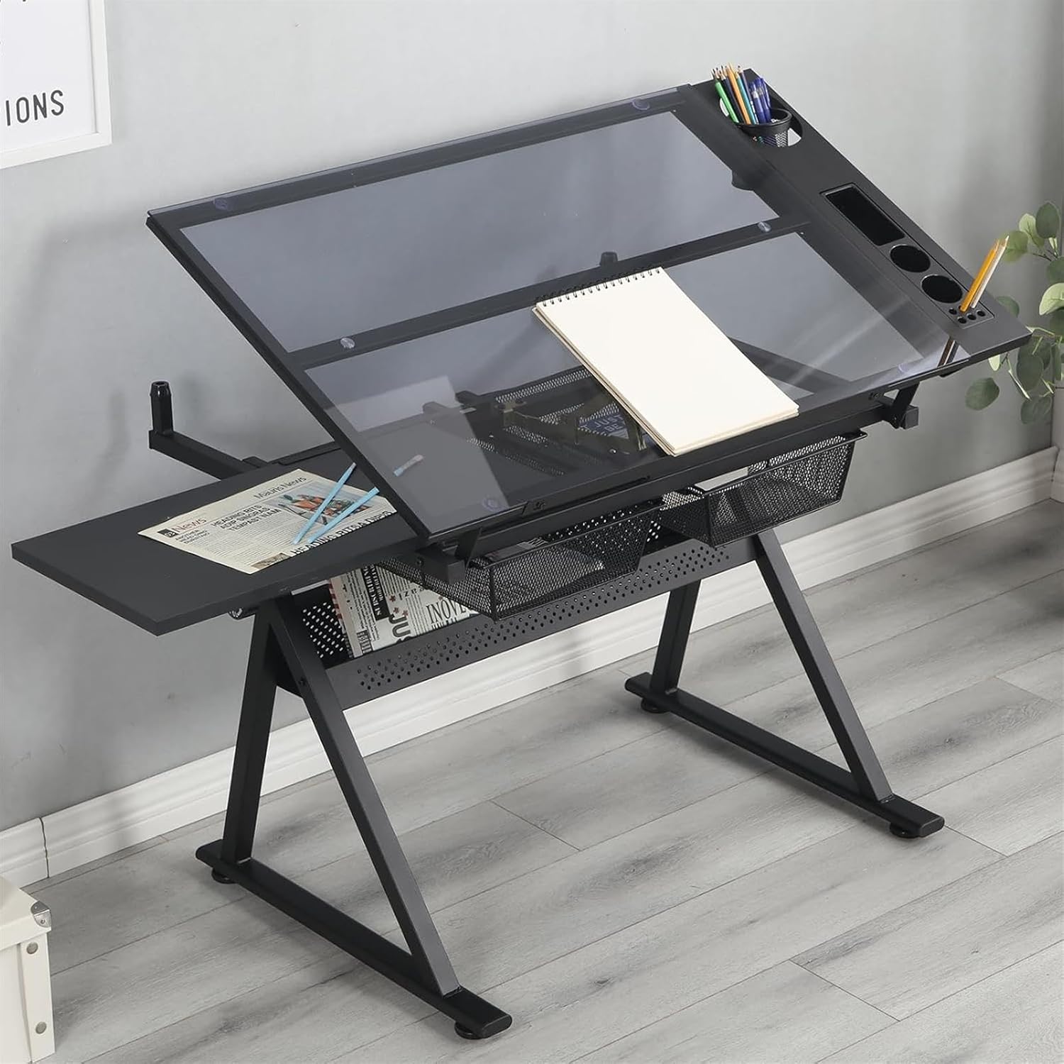 Drafting Desk with Side Shelf 0 to 75° Adjustable Drawing Table with Chair and Storage Drawers Tempered Glass Art Table Writing Desk Painting Work Station for Home Office