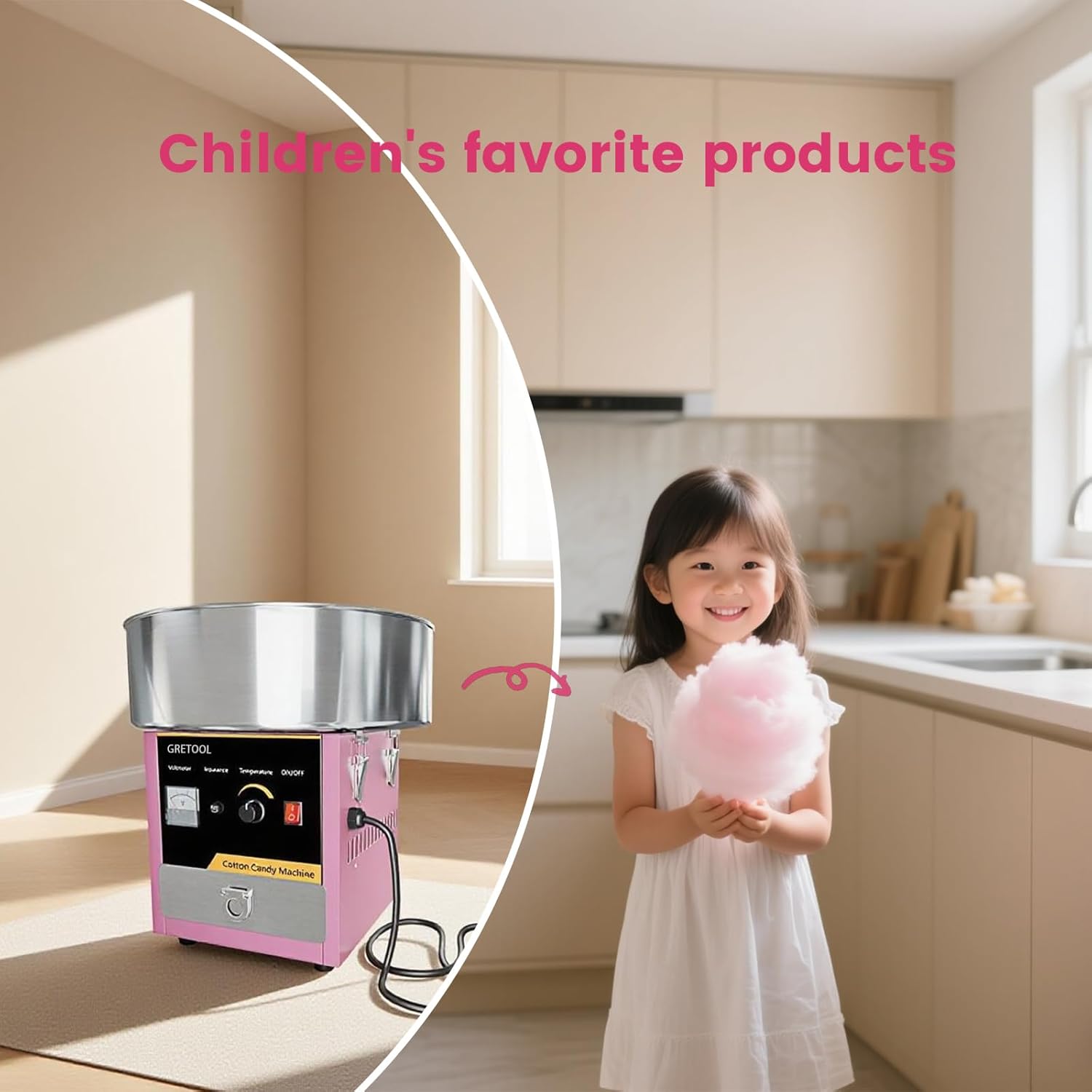 Electric Cotton Candy Machine, 1000W Commercial Floss Maker w/Stainless Steel Bowl, Sugar Scoop and Drawer, Perfect for Home, Carnival, Kids Birthday, Family Party, Pink