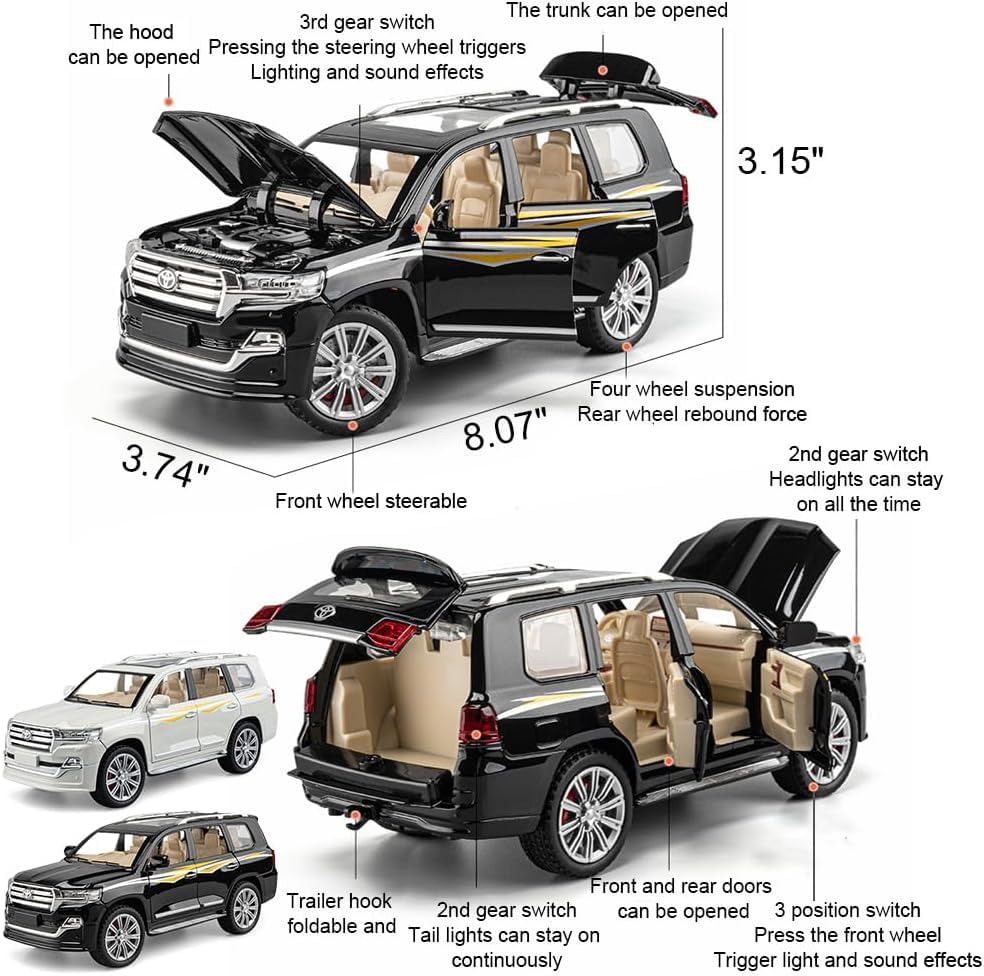 Image of 1:24 Toyota Land Cruiser SUV Diecast Scale Model Alloy Metal Pull Back car for Kids with Openable Doors & Light, Music Toy Vehicle (Black)
