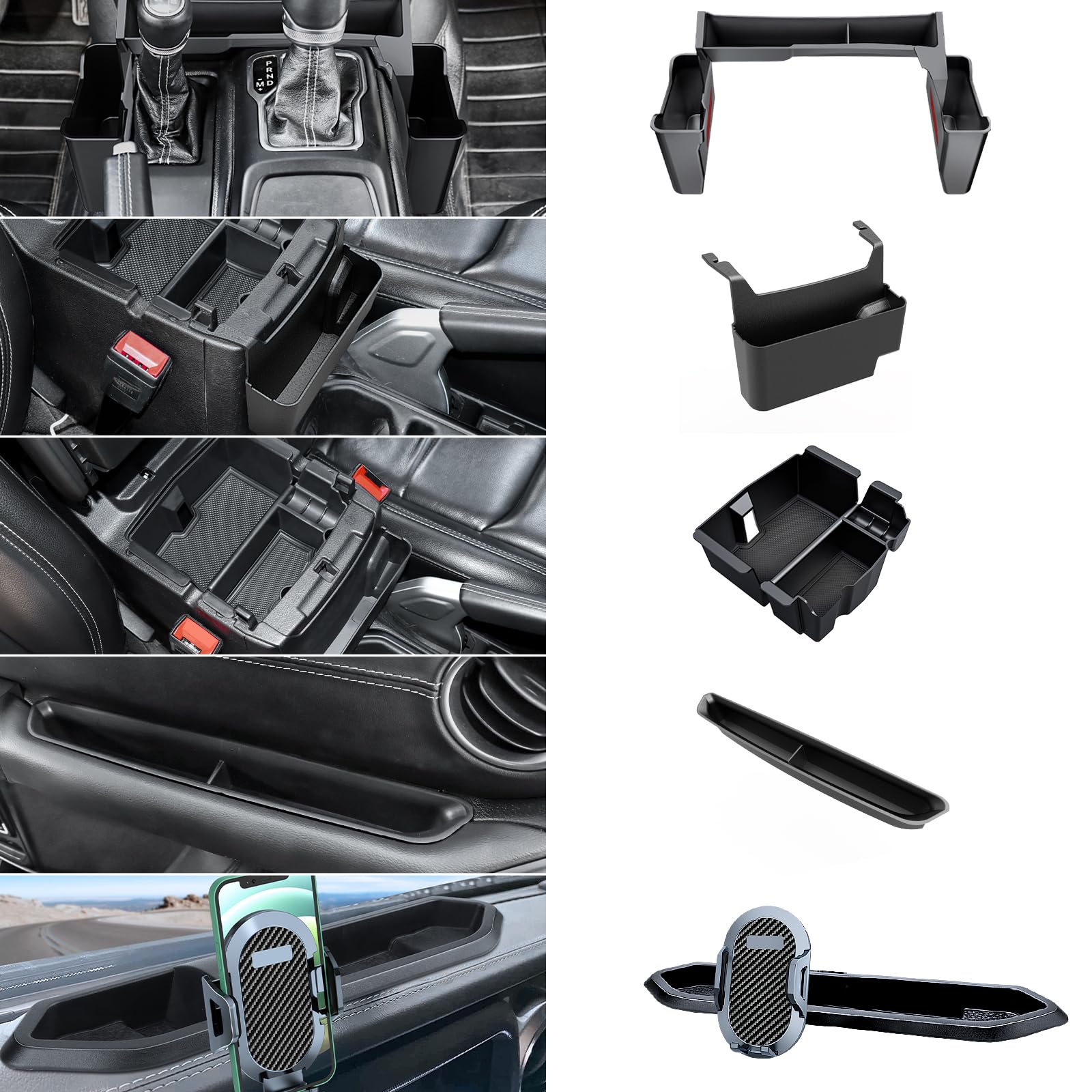 DIAMOOKY5PCS Center Console Organizer & Phone Mount for Jeep Wrangler JL JLU 2018-2023 & Gladiator JT 2020-2023(Not for 4xe)