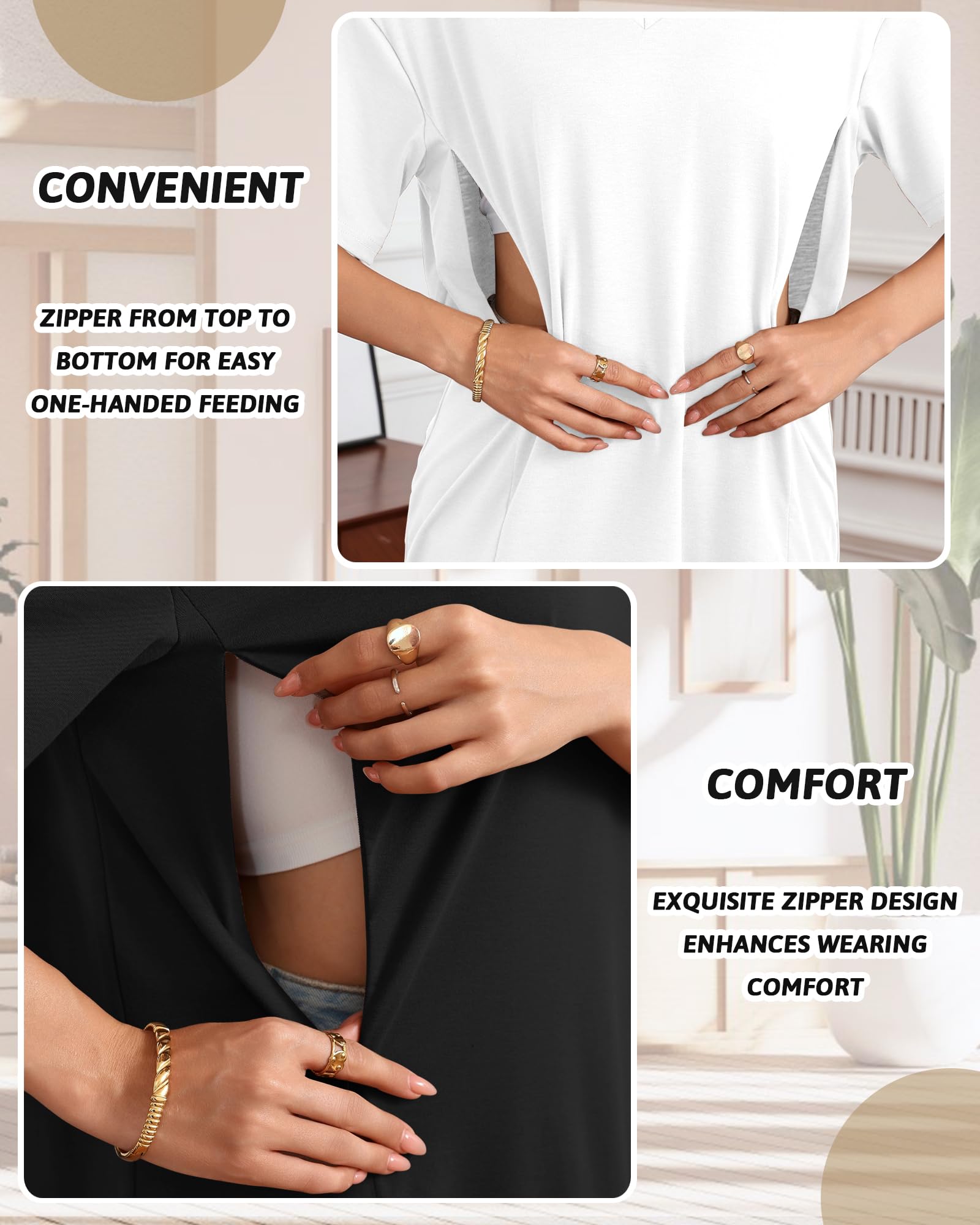 Xuniea 3er-Pack Stillshirts in Übergröße für Damen mit Verdeckten Reißverschlüssen, Lockere Passform, Kurzarm, Umstandsmode
