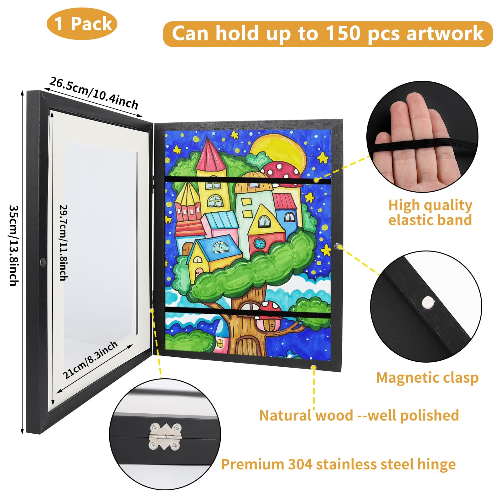 Kids Art Frames Front Opening A4, Childrens Artwork Display Picture Frame, Display Pictures in Portrait or Landscape, Artwork Display Storage Frames For Children Drawing Crafting,Holds 150 Paper Pcs (1, Black)