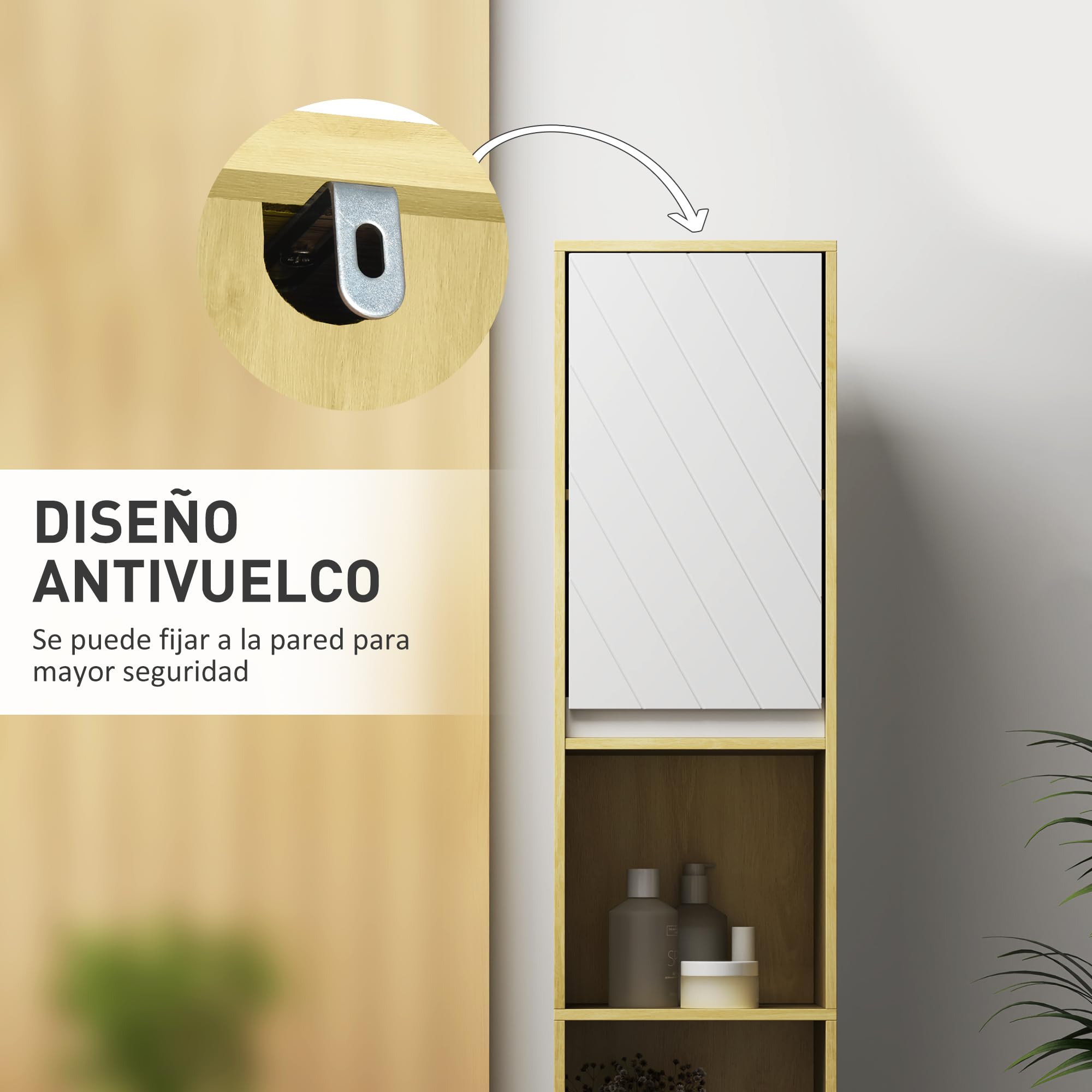 HOMCOM Armario de Baño Alto, Columna de Baño Estrecha con 2 Puertas y 2 Estantes Abiertos, para Espacios Pequeños, 30x24x170 cm, Roble y Blanco