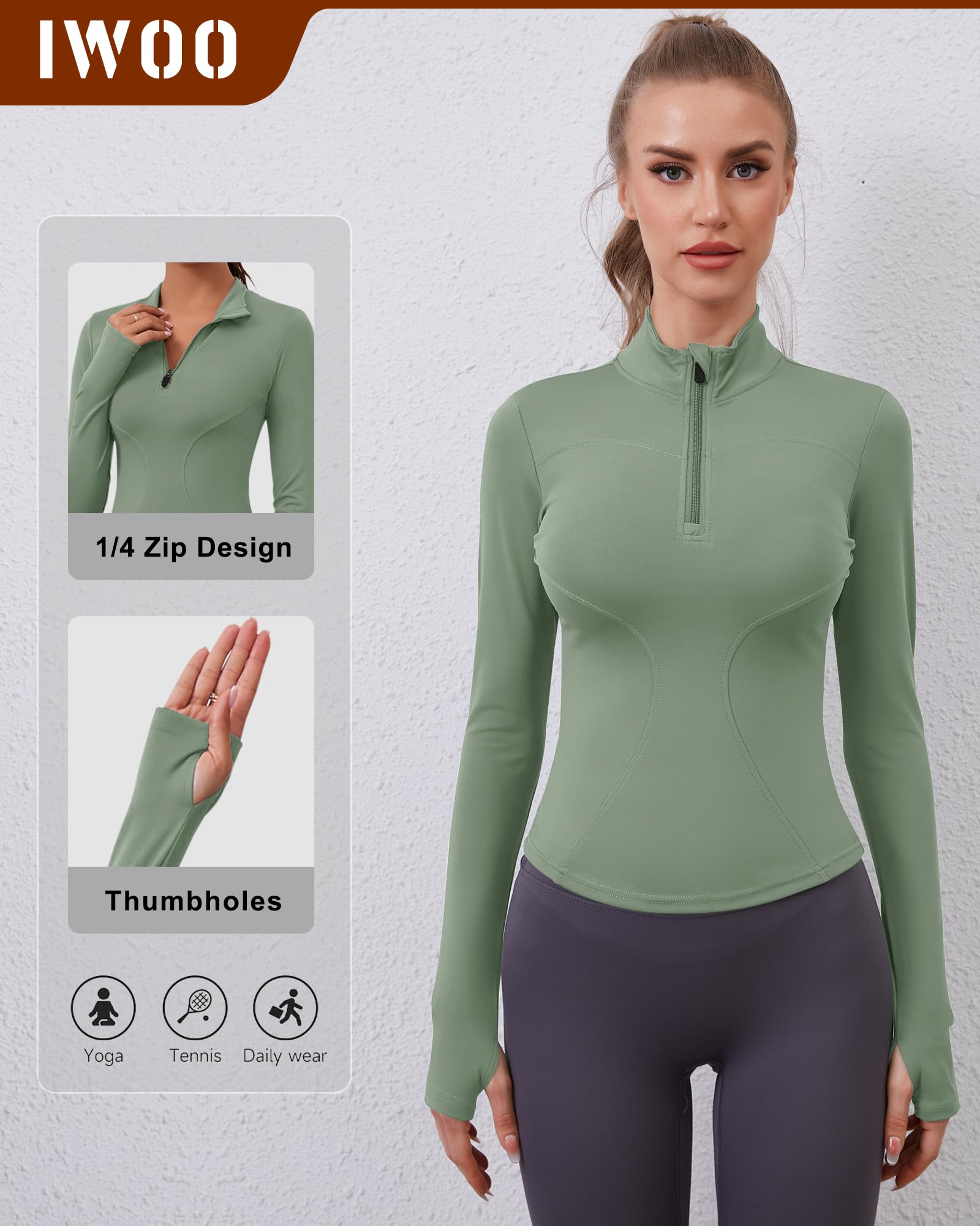 iWoo Camiseta deportiva para mujer, transpirable, chaqueta deportiva, chaqueta ligera para correr, media cremallera, sudadera para senderismo, gimnasio, yoga, correr