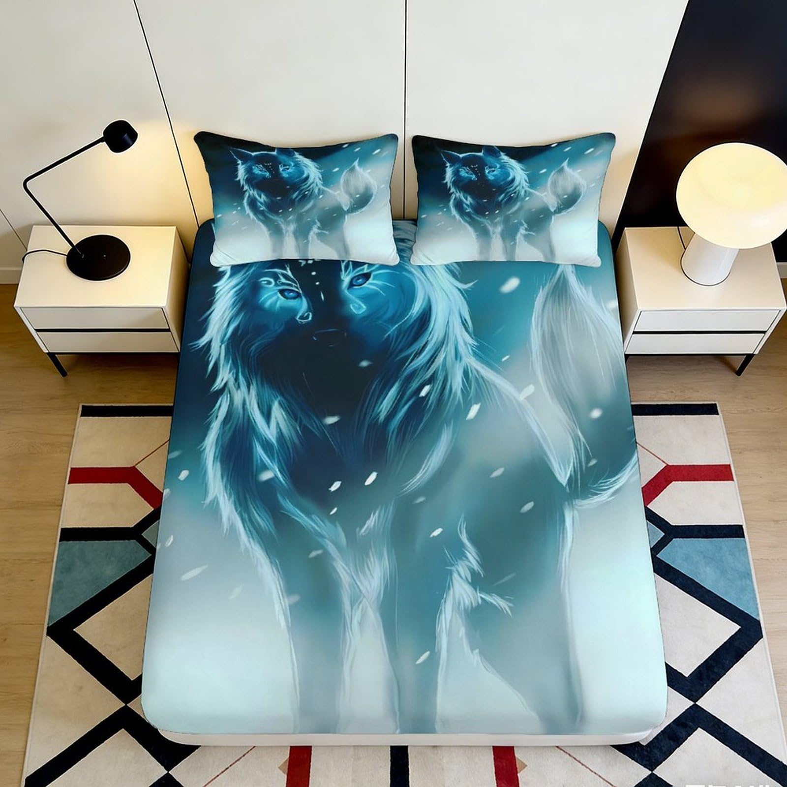 3D Printed Mystic Blue Wolf Fitted Sheet Microfiber Soft Breathable Snowfall Bed Cover for Bedroom Dormitory Guest Room Mattress Protection Decor 200x200x25cm