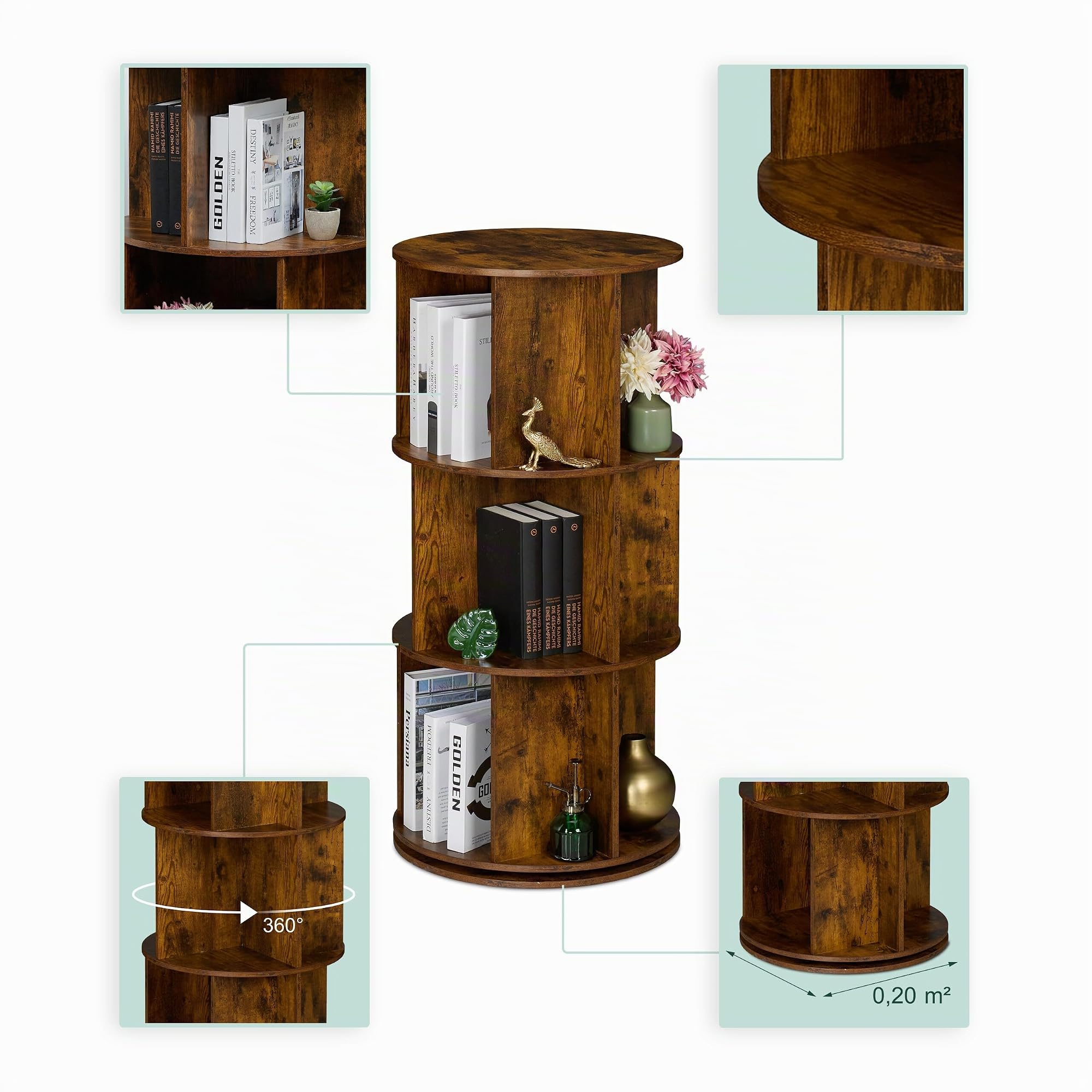 Relaxdays Libreria Girevole, 15 Scomparti 104x50 cm, Scaffale Industriale Porta Libri, CD, Dvd, Colonna Rotante, Marrone
