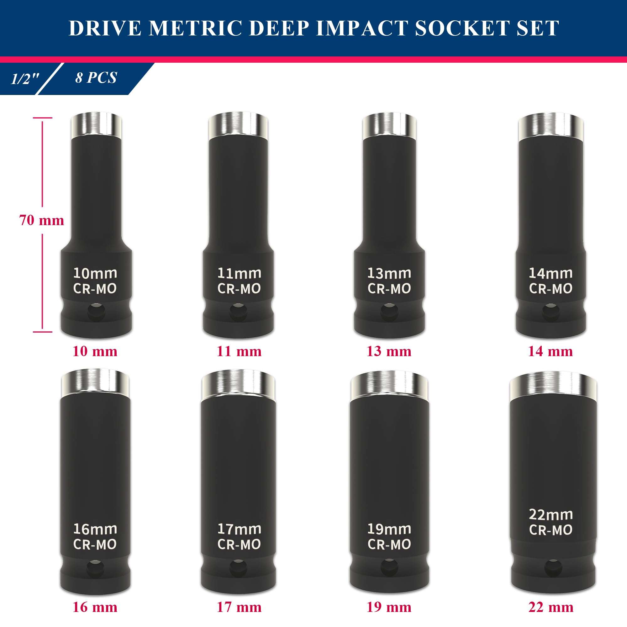 PRADE&CARFT - Juego de llaves de impacto métricas de 1,27 cm, 8 piezas