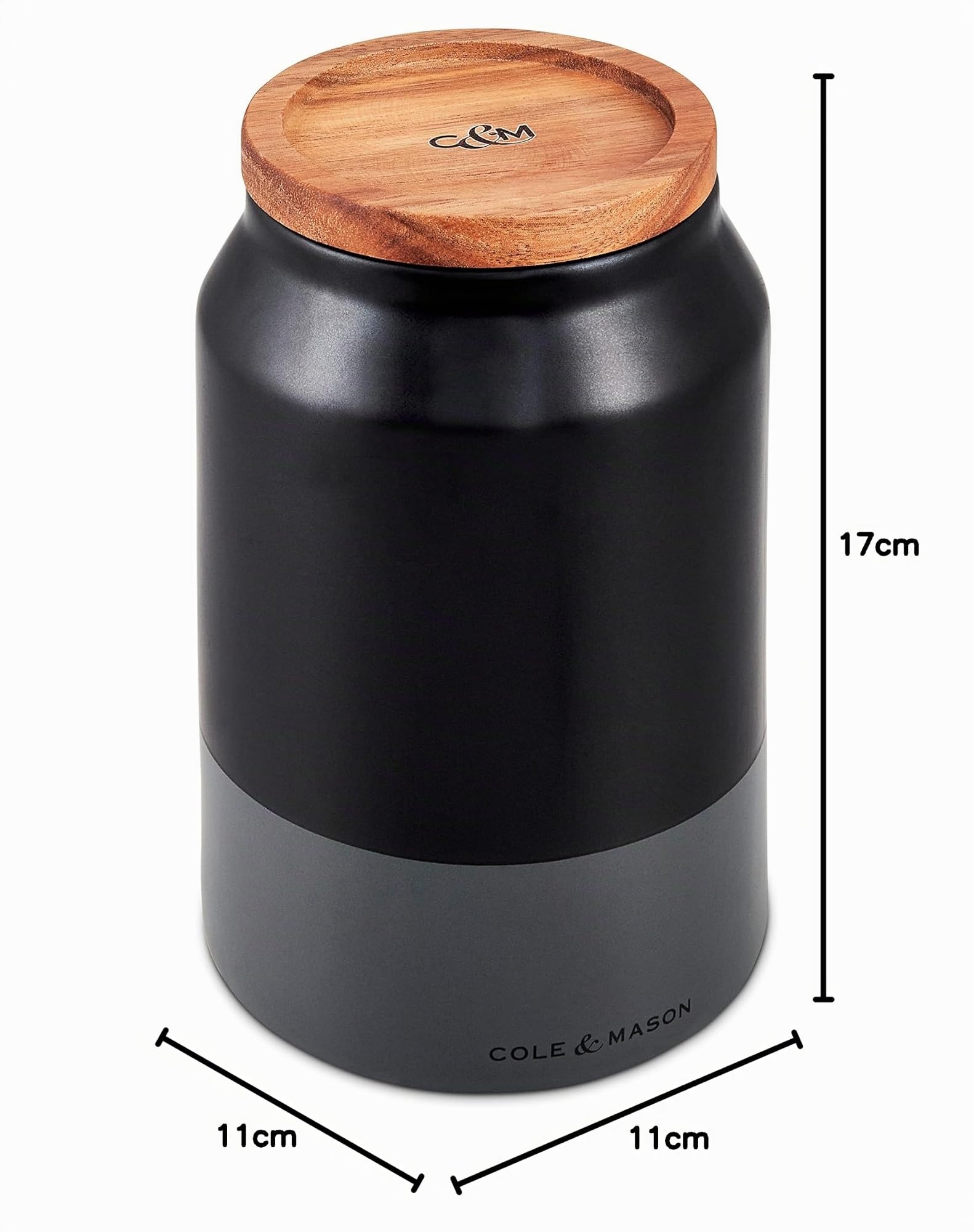 Cole & Mason Hinxton Tarro de Cerámica Cocina Almacenaje Mediana con Tapa de Madera Negro/Gris, Recipiente de Almacenamiento Redondo para Alimentos Hermético, Cerámica/Acacia, 172mm x 110mm