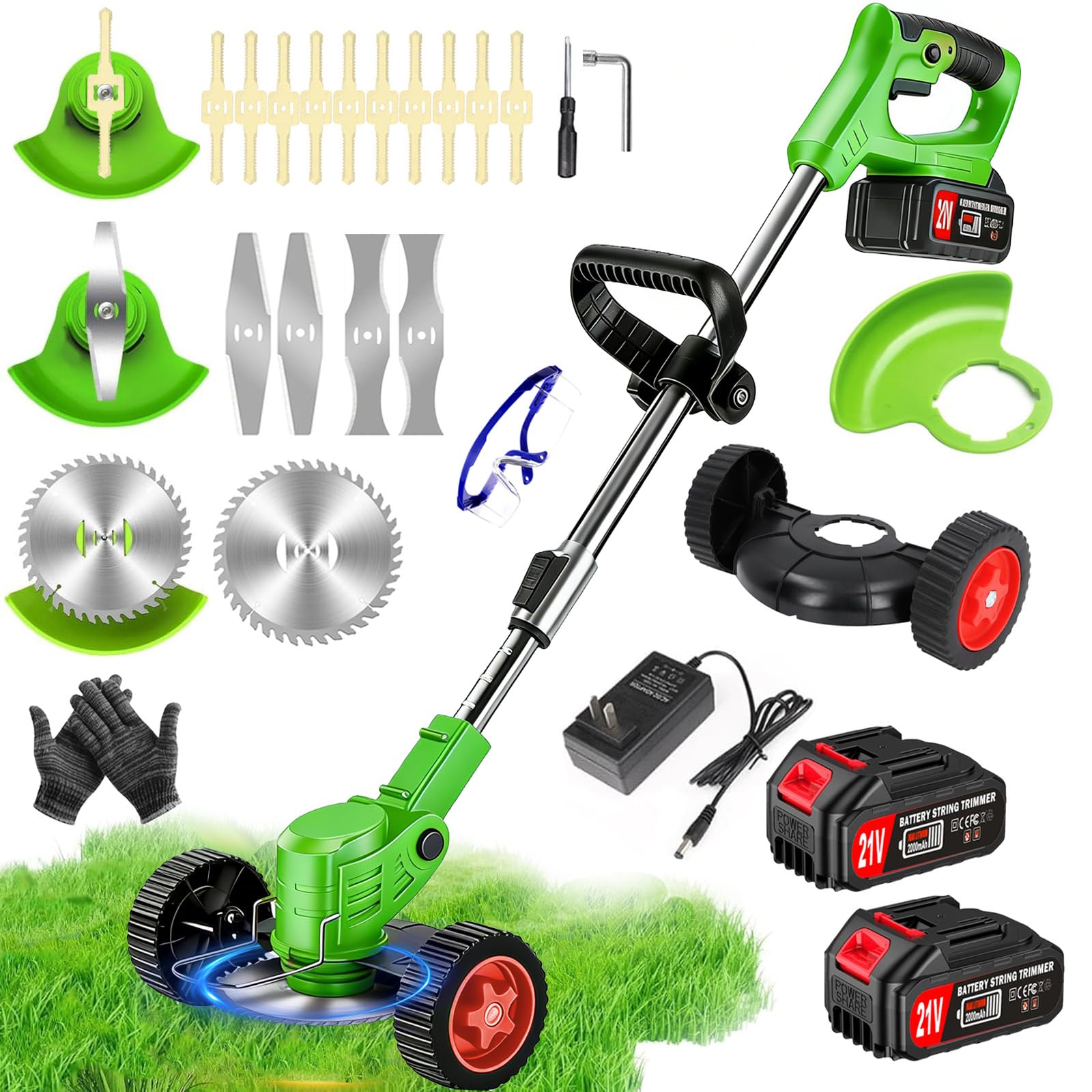 Akku-Rasentrimmer 21V Elektrischer Rasentrimmer - Motorsense akku Mit 2x2000mAh Batterie und 4 Messertypen, kantenschneider und Freischneider Akku für effiziente Rasenpflege und Unkrautbeseitigung