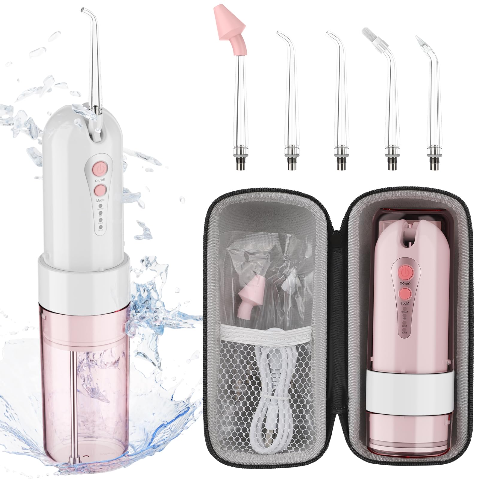 Cordless Dental Irrigator, Portable and Mini Oral Irrigator with Storage Case, 4 Modes and 5 Nozzles, IPX7 Waterproof, Suitable for Home and Travel, Pink