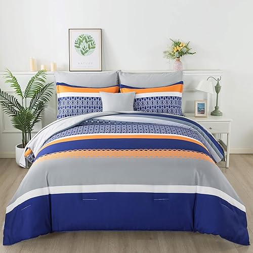 Miniatura 3 de Juego de edredón de 8 piezas de cama en una bolsa, tamaño King, edredón de rayas azules de retazos con sábanas, juego de ropa de cama bohemio de