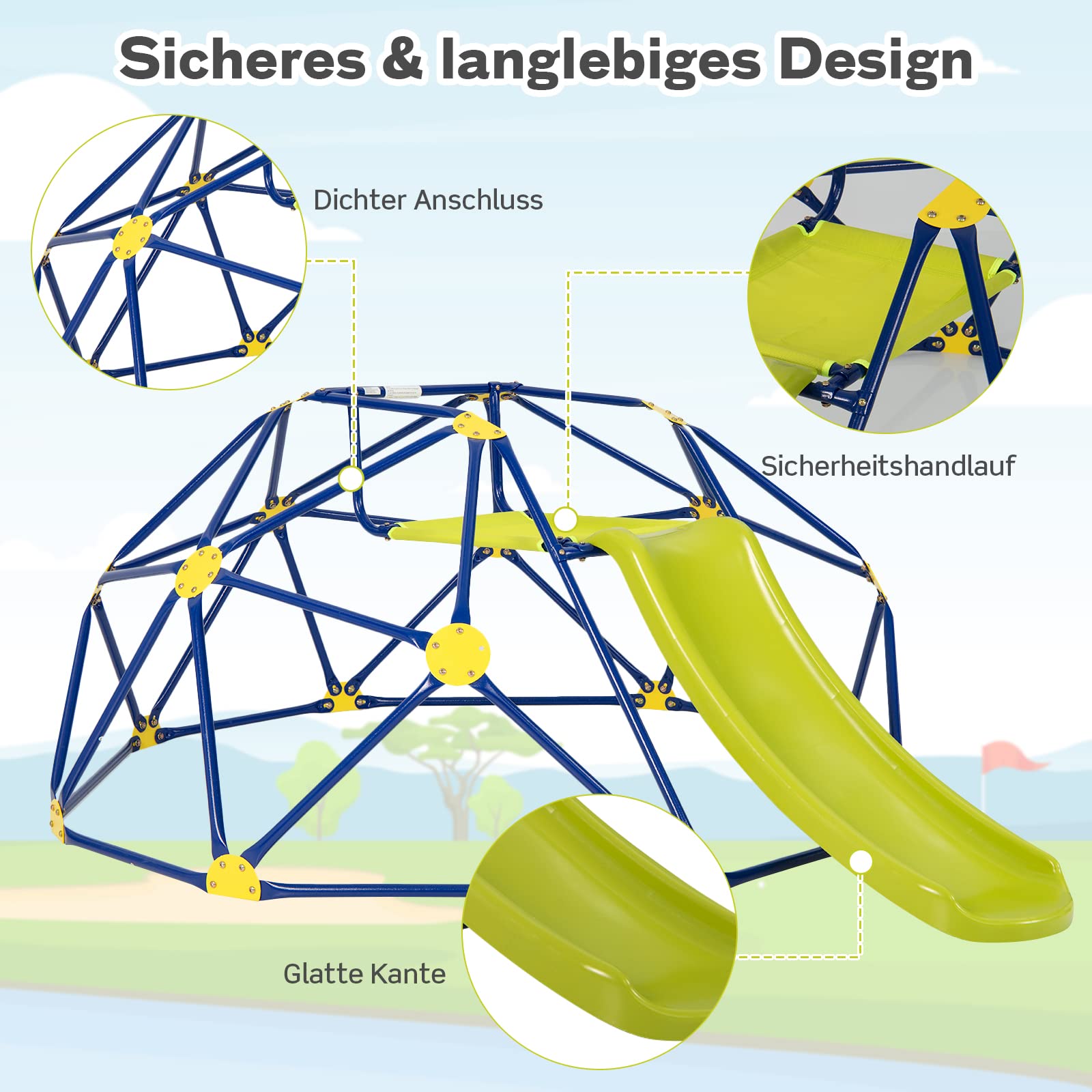 COSTWAY Kletterkuppel und Spielset, Geometrische Kuppel mit Rutsche, 180 KG Tragfähigkeit, Spielplatz für Kinder von 3 bis 10 Jahren, Ideal für Fitnessstudio, Hinterhof, Garten, Park