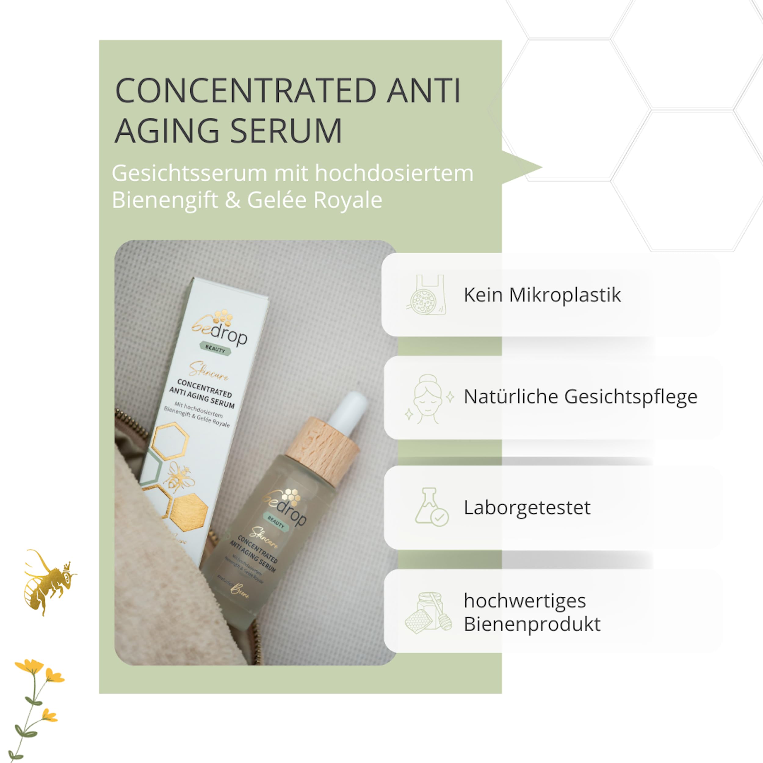 bedrop Concentrated Anti Aging Serum mit Bienengift, Gelée Royal, Hyaluron & Acetylglucosamin hochdosiert