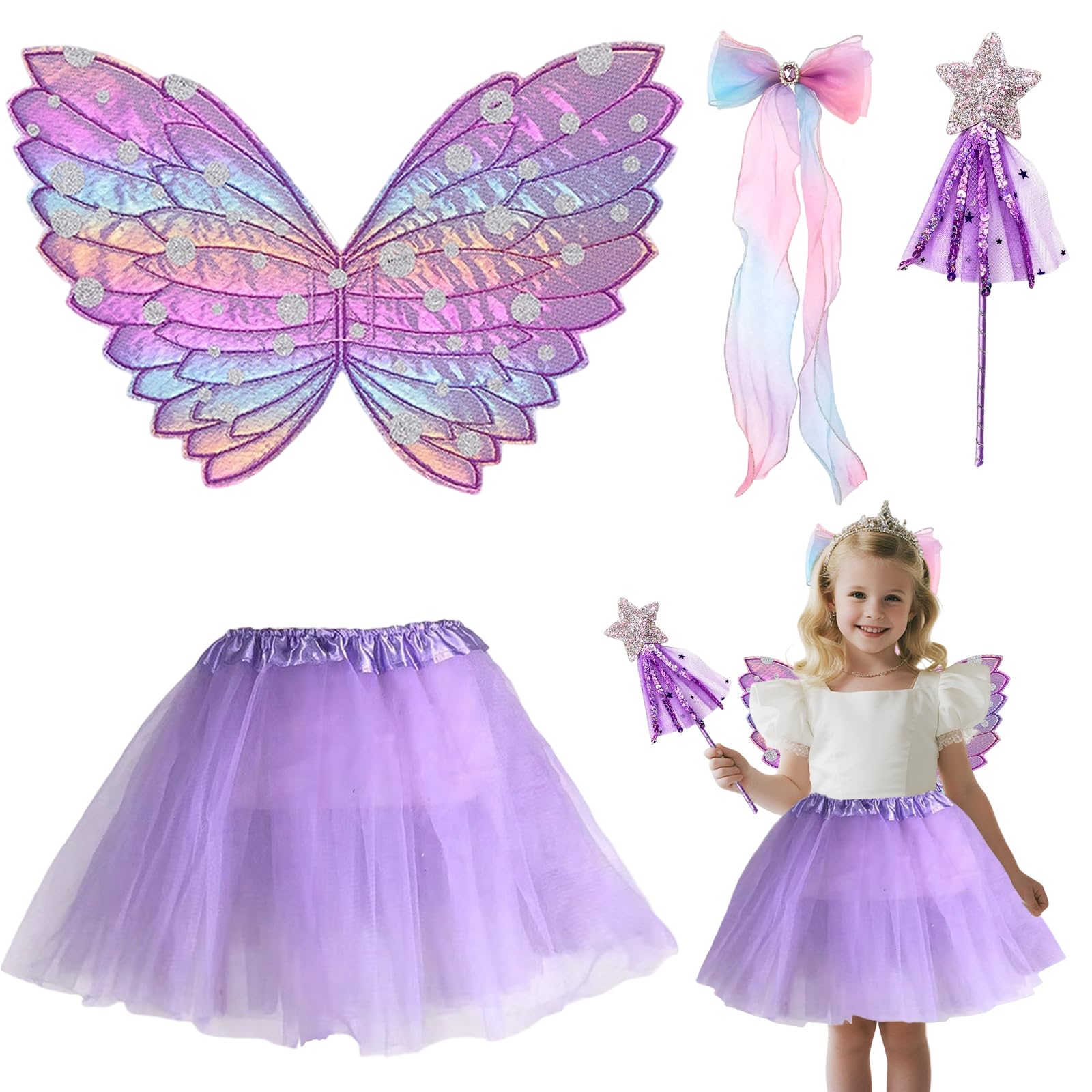 CERCTLA 4 Pcs Fairy Costume Set for Girls, Fairy Wings Costume Kids, Angel Princess for Kids Party Dress Up, Butterfly Wings Set for Halloween Girls Purple