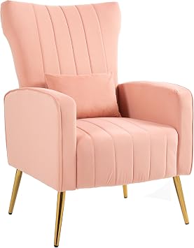 Modern Accent Velvet Chairs Comfy Upholstered Vanity Chairs for Bedroom Armchair Dining Chairs with Golden Metal Legs Desk Chair Single Person sofafor Living Room Bright Pink