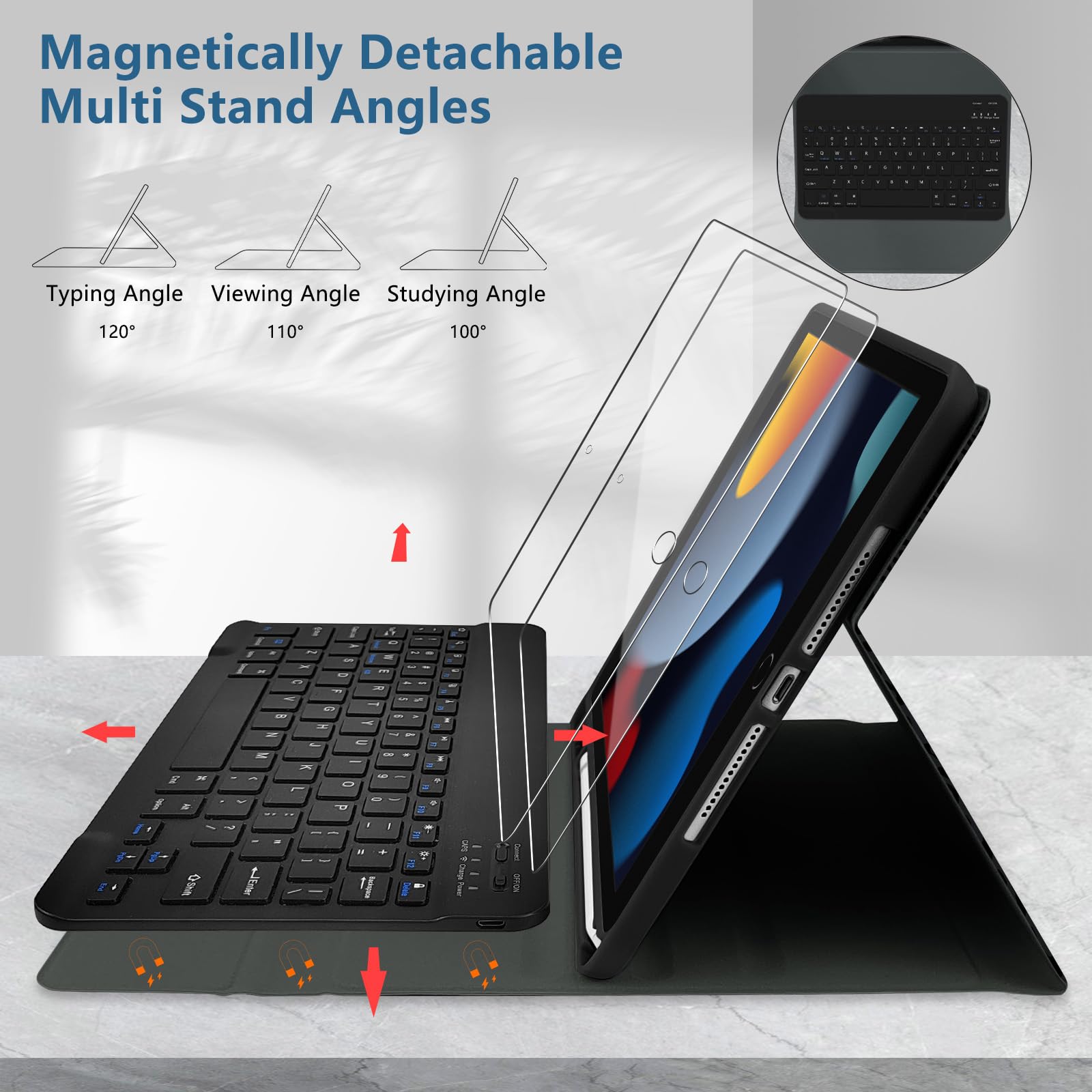 Funda con teclado para iPad de 9ª generación de 10.2 pulgadas 2021, magnéticamente absorbente, apagado y encendido automático, soporte para lápiz con 2 películas templadas para iPad de