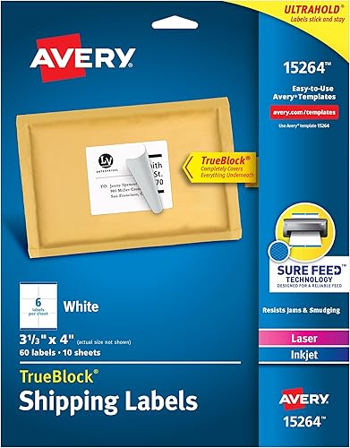 Avery Printable Shipping Labels, Sure Feed Technology, 3-1/3" x 4", White, Laser/Inkjet Printable, 60 Blank Mailing Labels (15264)