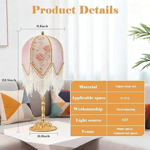 Miniatura 7 de American Retro Pink Table Lamp, Handmade Custom Beaded Tassel Desk Lamp, Victorian Style, for Bedside Bedroom Living Room Study Room Home Office