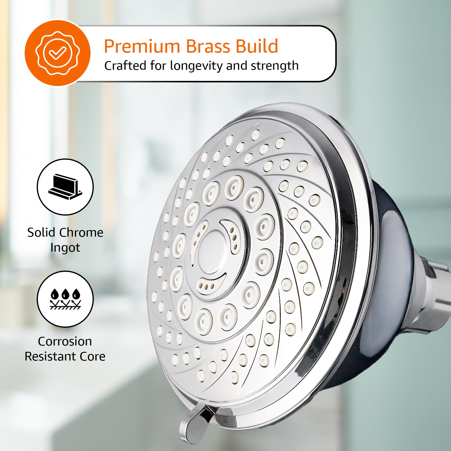 Amazon Basics Shower Head for Bathroom | Round Multifunction 5-Spray Overhead Shower | Wall Mount Bathroom Shower with Pause Function, Chrome Finish, 3.9 Inches Wide Sprayface, CHROME finish 1