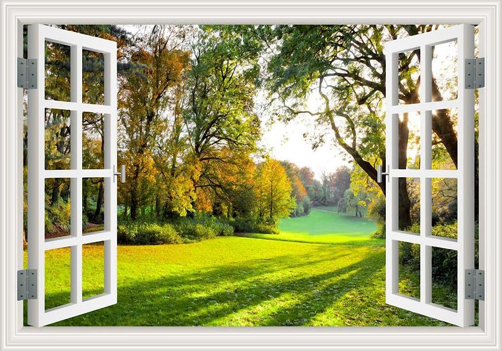 Creative Window Frame Style Wall Mural Decalsof Tree Removable Vinyl Poster Sunny Forest Wall Art for Bedroom Self Adhensive Stickers -32"X48"