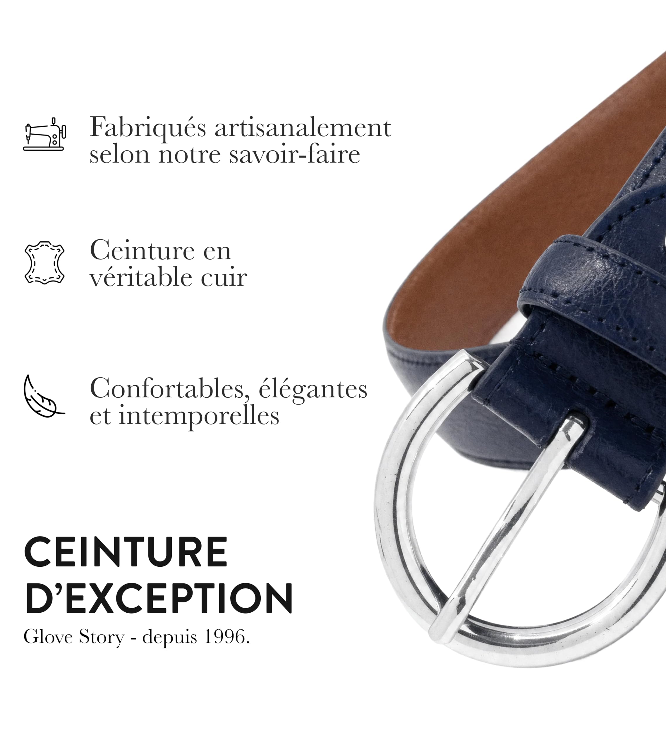 GLOVE STORY Ceinture Femme en Cuir Bleu - Boucle Métal Élégante Style Habillé - Coffret Cadeau Accessoire Mode Haut de Gamme pour Jean, Tailleur Costume et Pantalon - Largeur 35mm