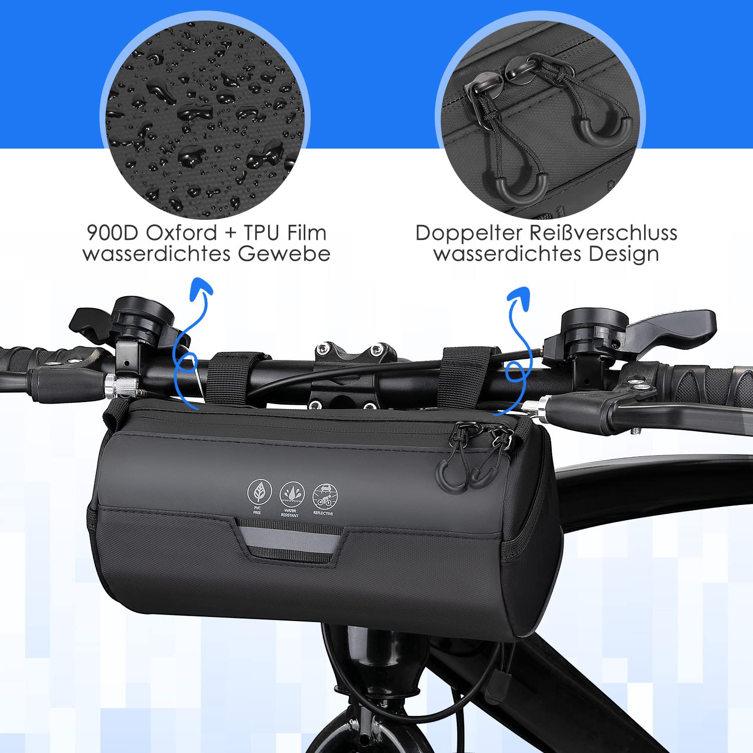 Eyein Fahrrad Lenkertasche, 2.4L Wasserabweisende Fahrradtasche Lenker mit abnehmbarem Schultergurt und großem reflektierenden Bereich für Rennrad MTB E-Bike Fahrten im Freien
