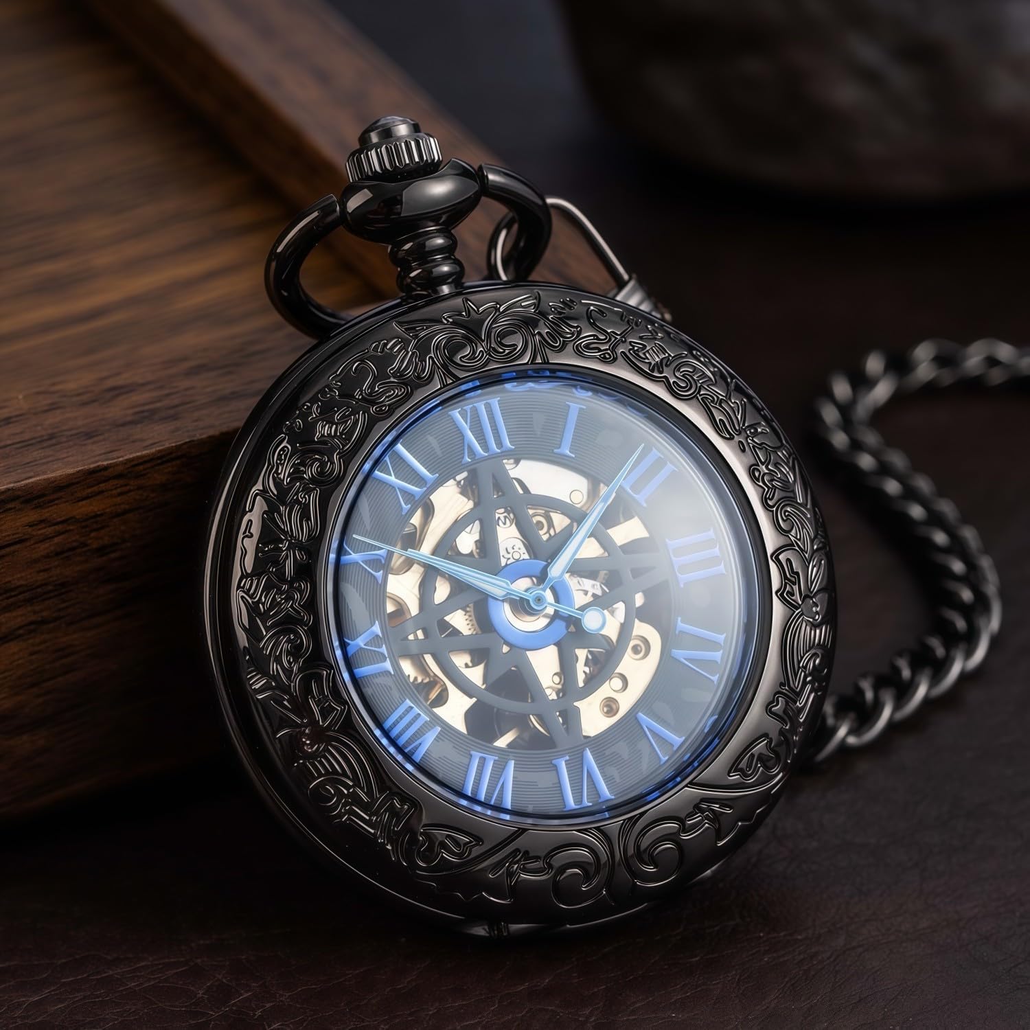 Mechanical Pocket Watch, for Men Women Special Magnifier Half Hunter Engraved Case Roman Numerals with Chain