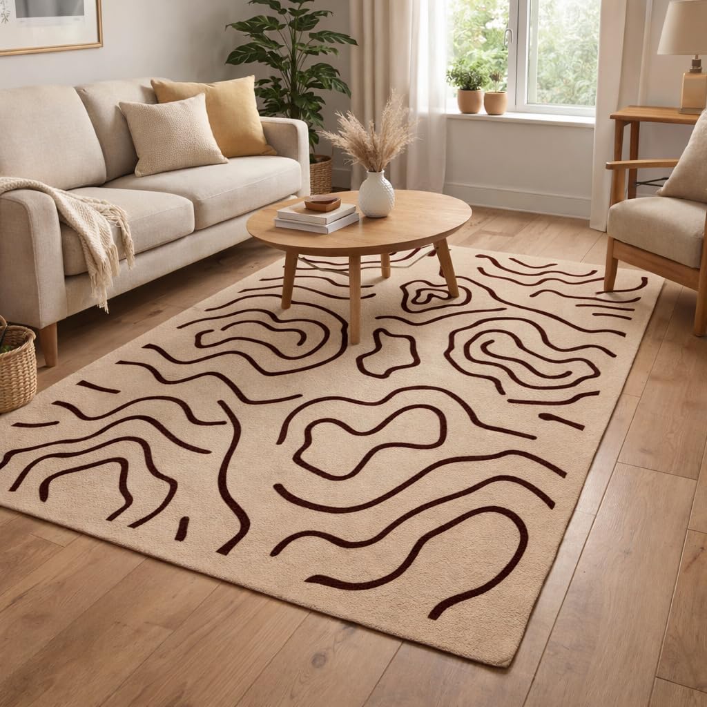 Premium Hand-Tufted Handmade Wool Area Rug, Beige Brown, 7x10 / 8x10 / 9x12 Sizes, Soft Luxury Living Room, Bedroom, Dining Room Décor, Non-Slip, Designer