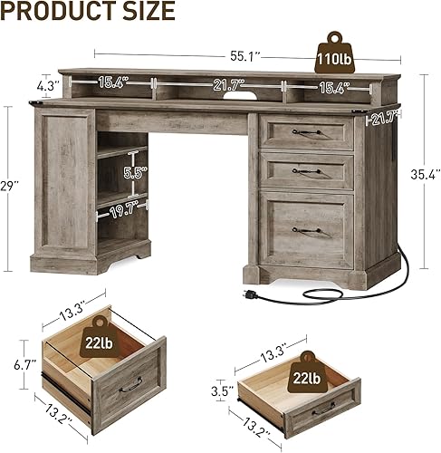 Miniatura 2 de Escritorio ejecutivo de granja de 55 pulgadas con cajones, escritorio de oficina en casa con archivador y estante de almacenamiento, estación de