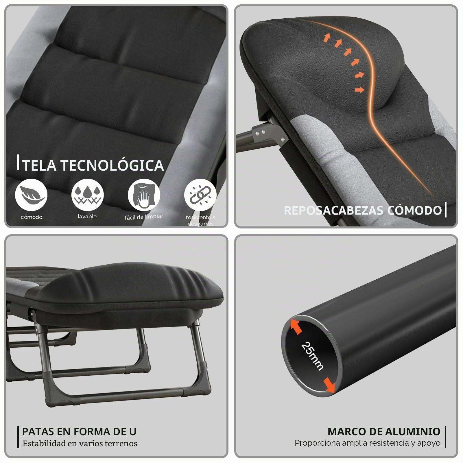Cama de camping plegable XXL, tumbona de camping, extra ancha, 190 x 65 x 30 cm, cama de camping plegable ligera, tumbona de jardín de 6 posiciones, respaldo ajustable, tumbona para carpas para