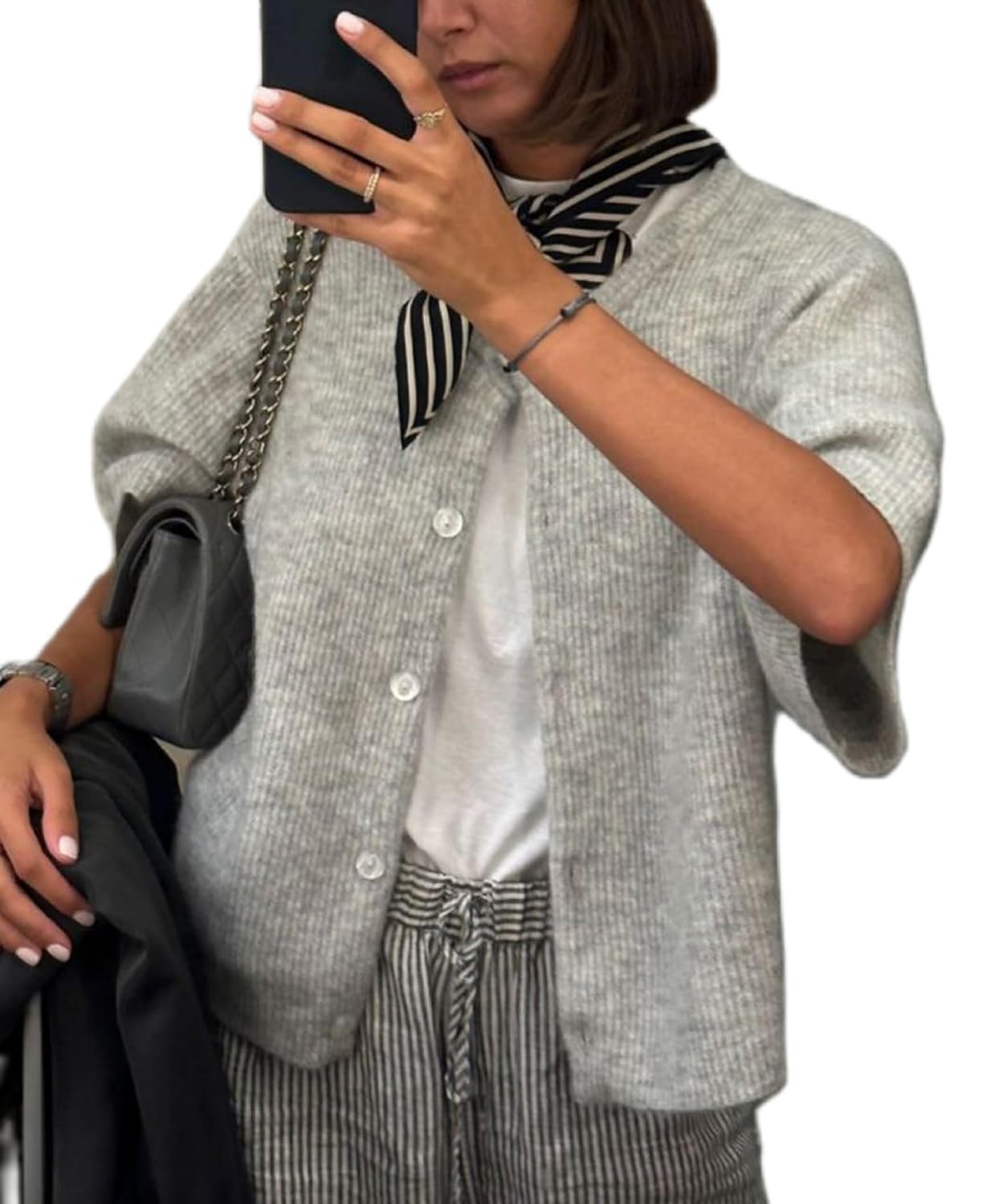 KMBANGI Women Knitted Cropped Blouse Short Sleeve Button Knit Shirt Crop Cardigan Y2k Open Front Knitwear Tops Dressy