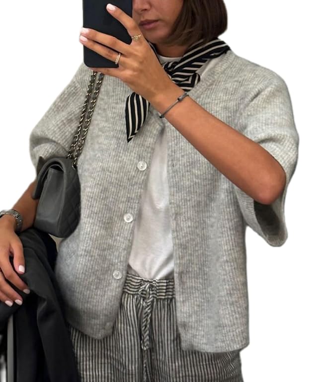 KMBANGI Women Knitted Cropped Blouse Short Sleeve Button Knit Shirt Crop Cardigan Y2k Open Front Knitwear Tops Dressy