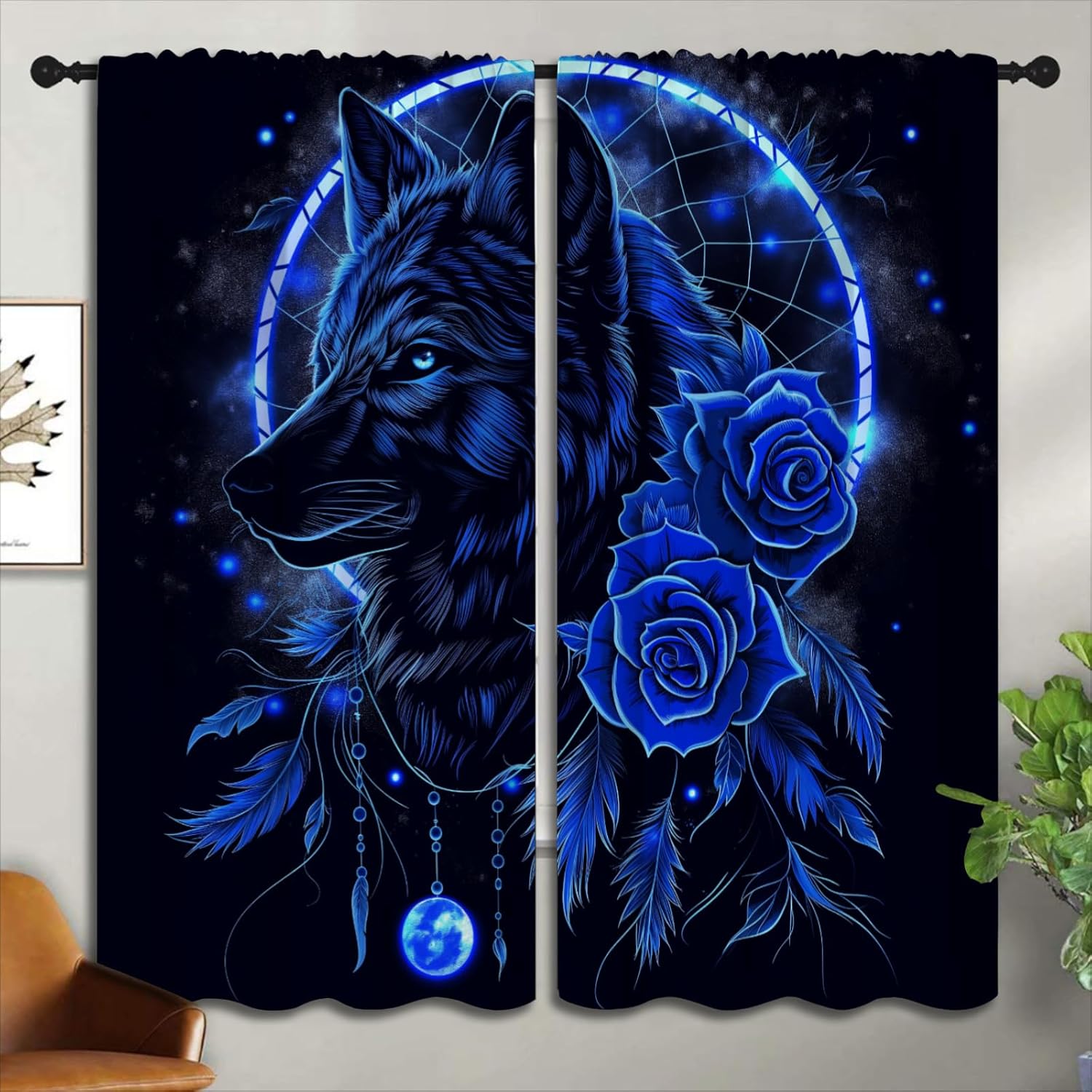 Wolf Blackout Curtains for Boys Girl Bedroom Home Decor, Natural Wild Animal Dreamcatcher Blue Rose Thermal Insulated Rod Pocket Darkening Living Room Window Drapes, 55 x 63 inch