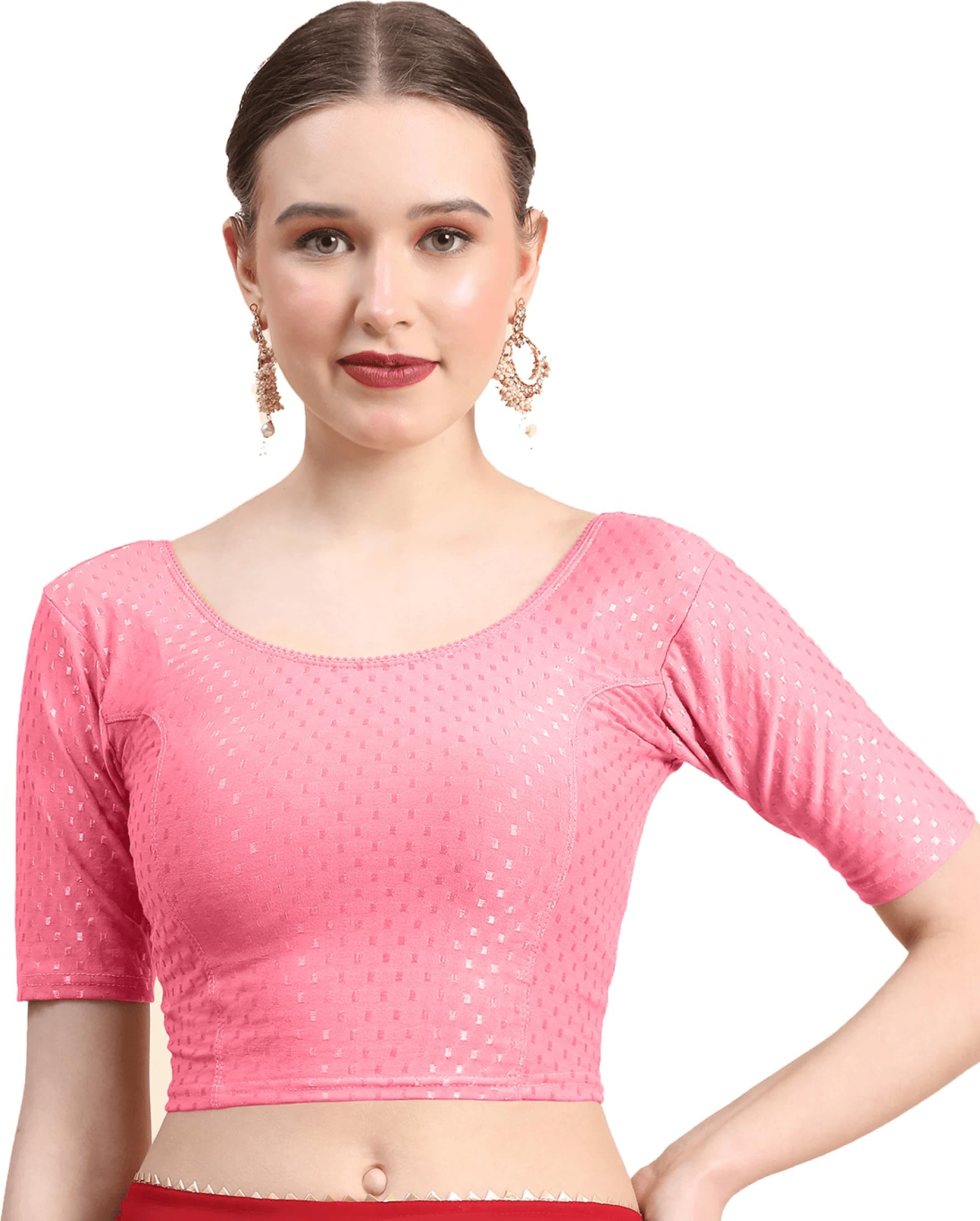 ChetmikaRound Neck Dobby Cotton Lycra Stretchable Elbow Sleeve Readymade Saree Blouse for Women Stylish