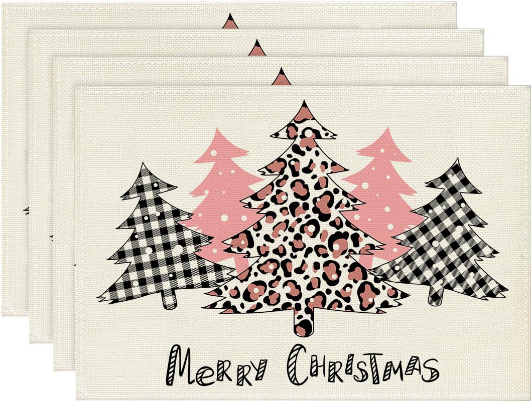 Christmas Tree Placemats Set of 4 Forest Leopard Plaid Table Mats Linen Place Mats for Dining Kitchen Country Camp Farmhouse Decor 12x18 Inch
