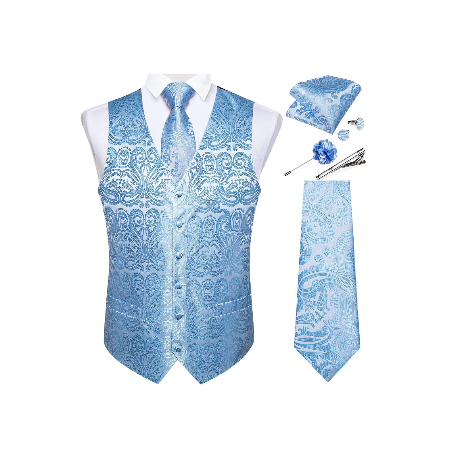 DiBanGu Mens Vest and Tie Set Formal Paisley Waistcoat and Necktie Pocket Square Cufflinks Silk Suit Vest for Tuxedo Wedding